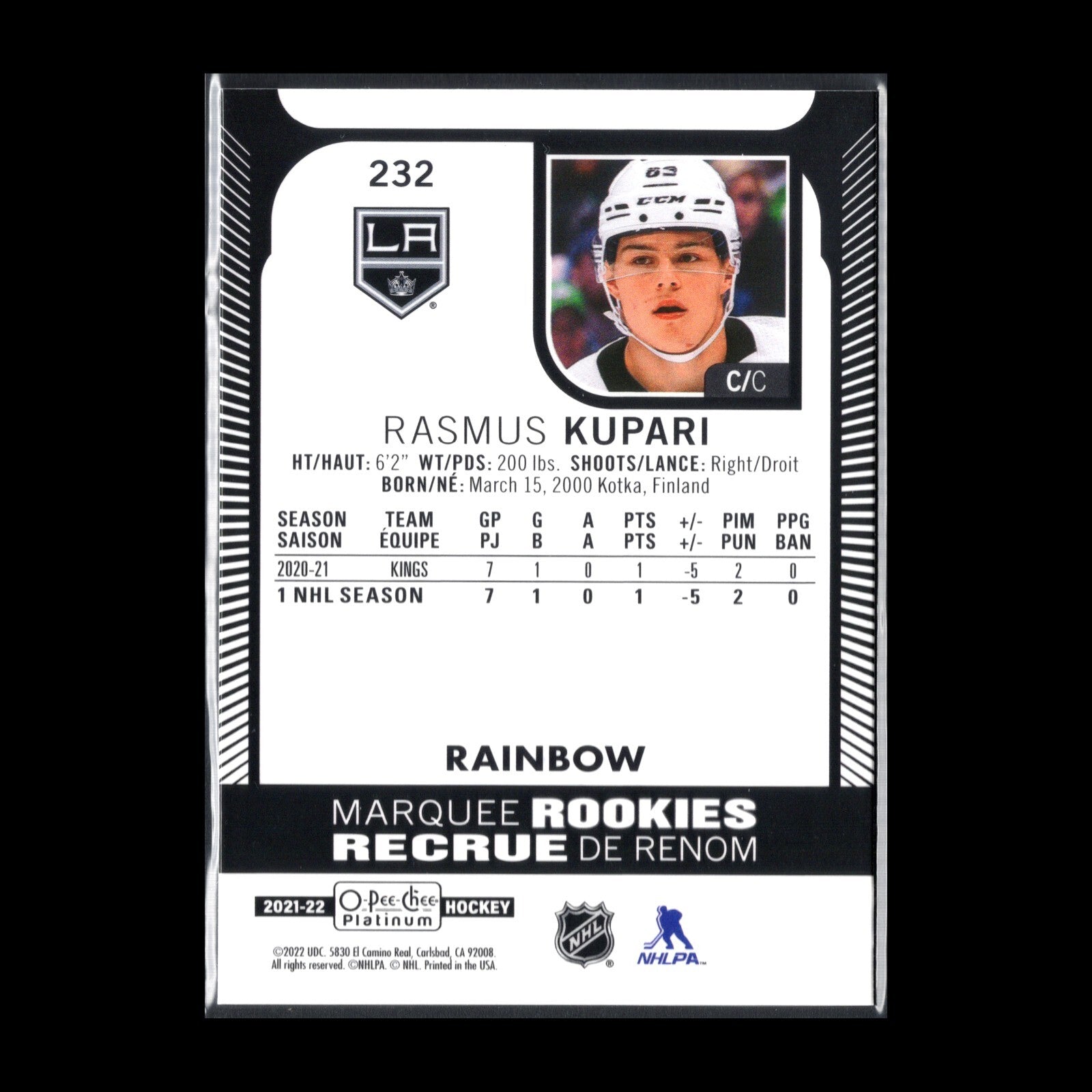 2021-22 O-Pee-Chee Platinum RASMUS KUPARI #232 Marquee Rookie Rainbow RC