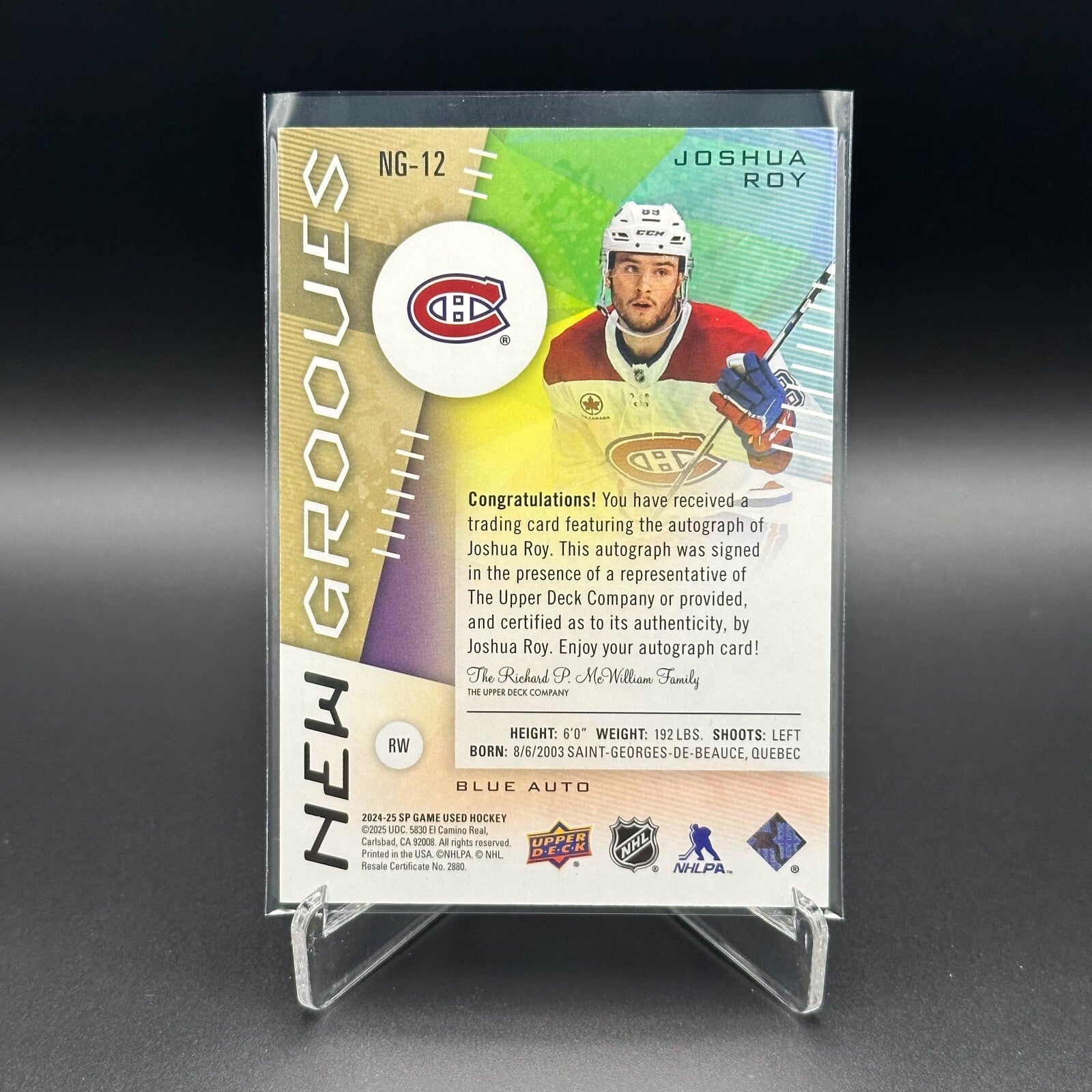 2024-25 UD SP Game Used JOSHUA ROY #NG-12 New Grooves Blue AUTO Rookie RC