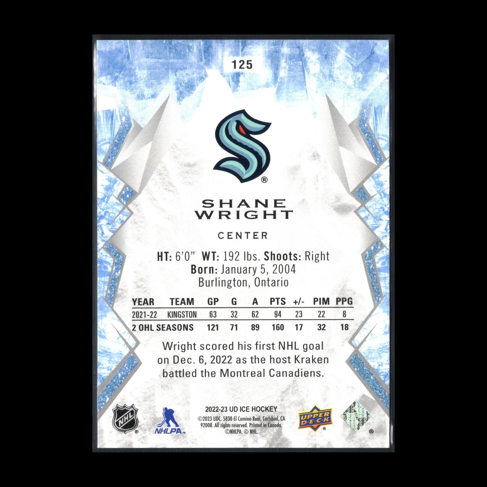 2022-23 UD Ice SHANE WRIGHT #125 Rookie RC - Seattle Kreaken