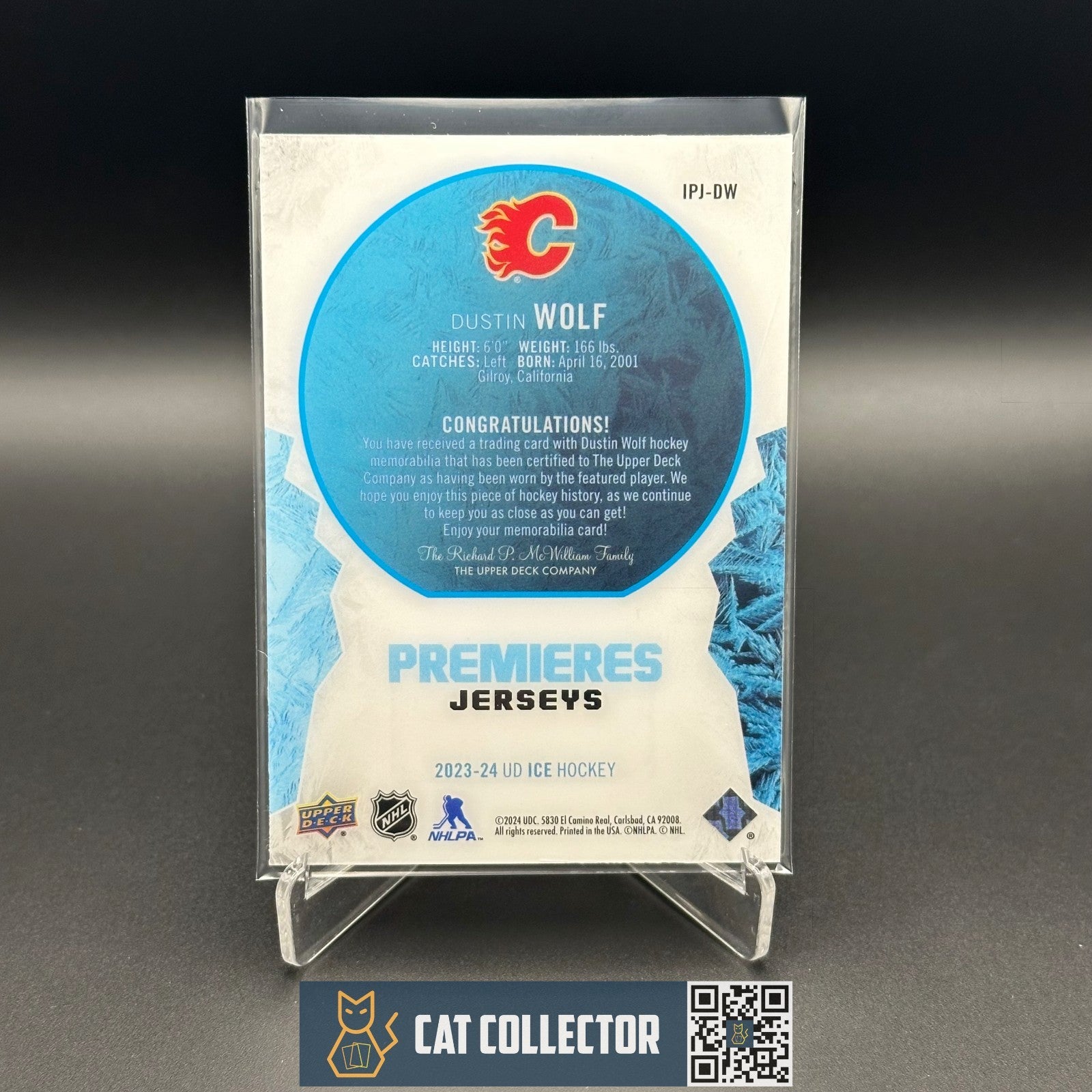 2023-24 UD Ice DUSTIN WOLF #IPJ-DW Ice Premieres Jersey Rookie RC