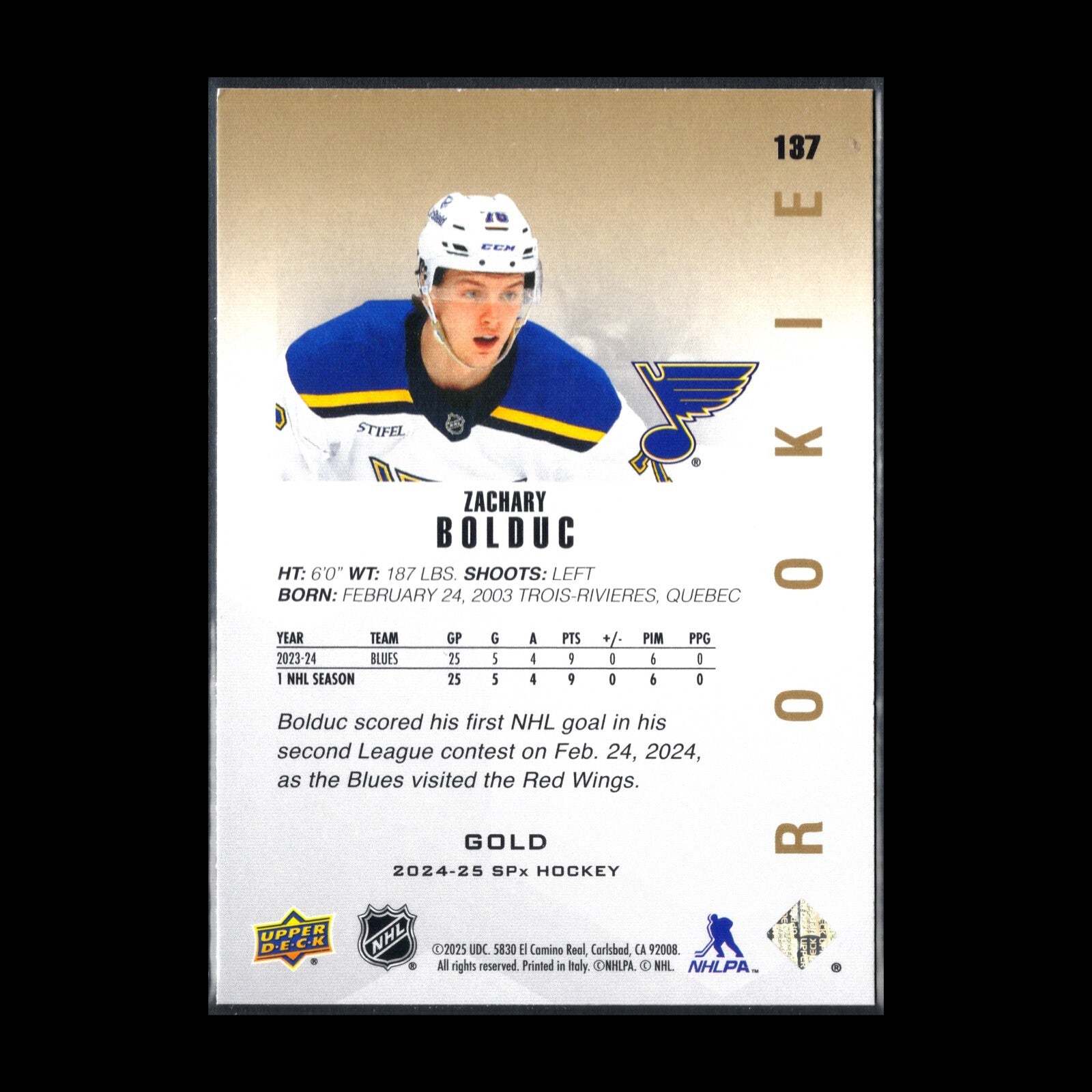 2024-25 Upper Deck SPx ZACHARY BOLDUC #137 Gold Rookie RC - St. Louis Blues