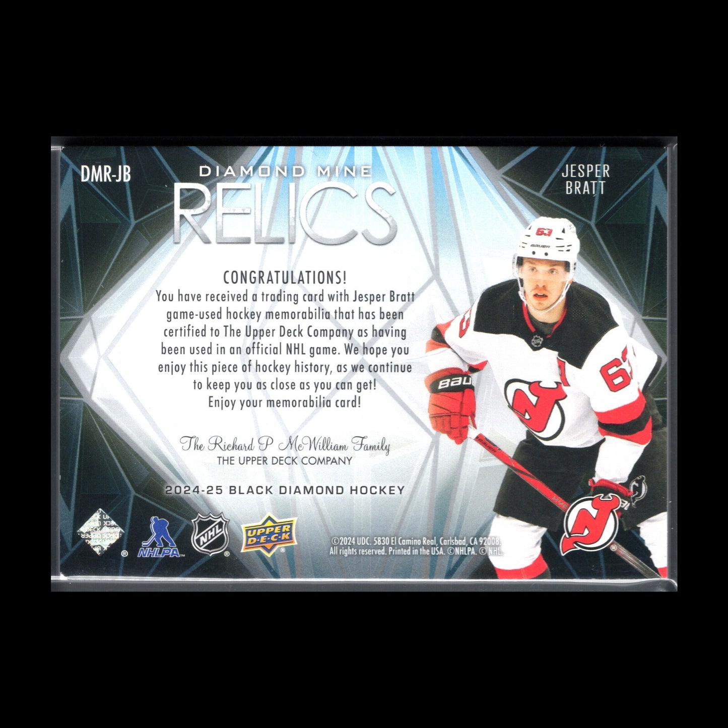 2024-25 UD Black Diamond JESPER BRATT #DMR-JB Diamond Mine Relics Jersey