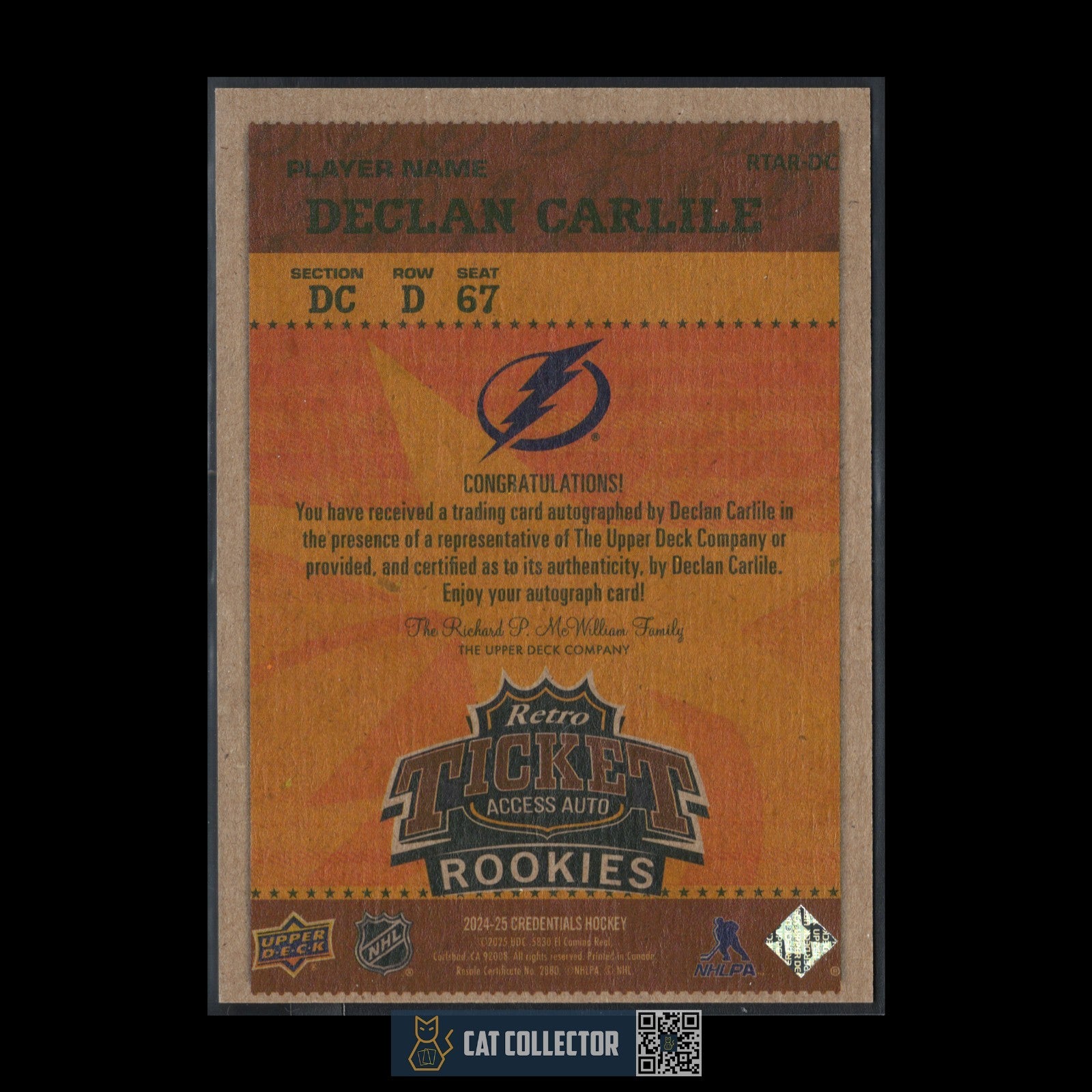 2024-25 UD Credentials DECLAN CARLILE #RTAR-DC Retro Ticket Access Auto