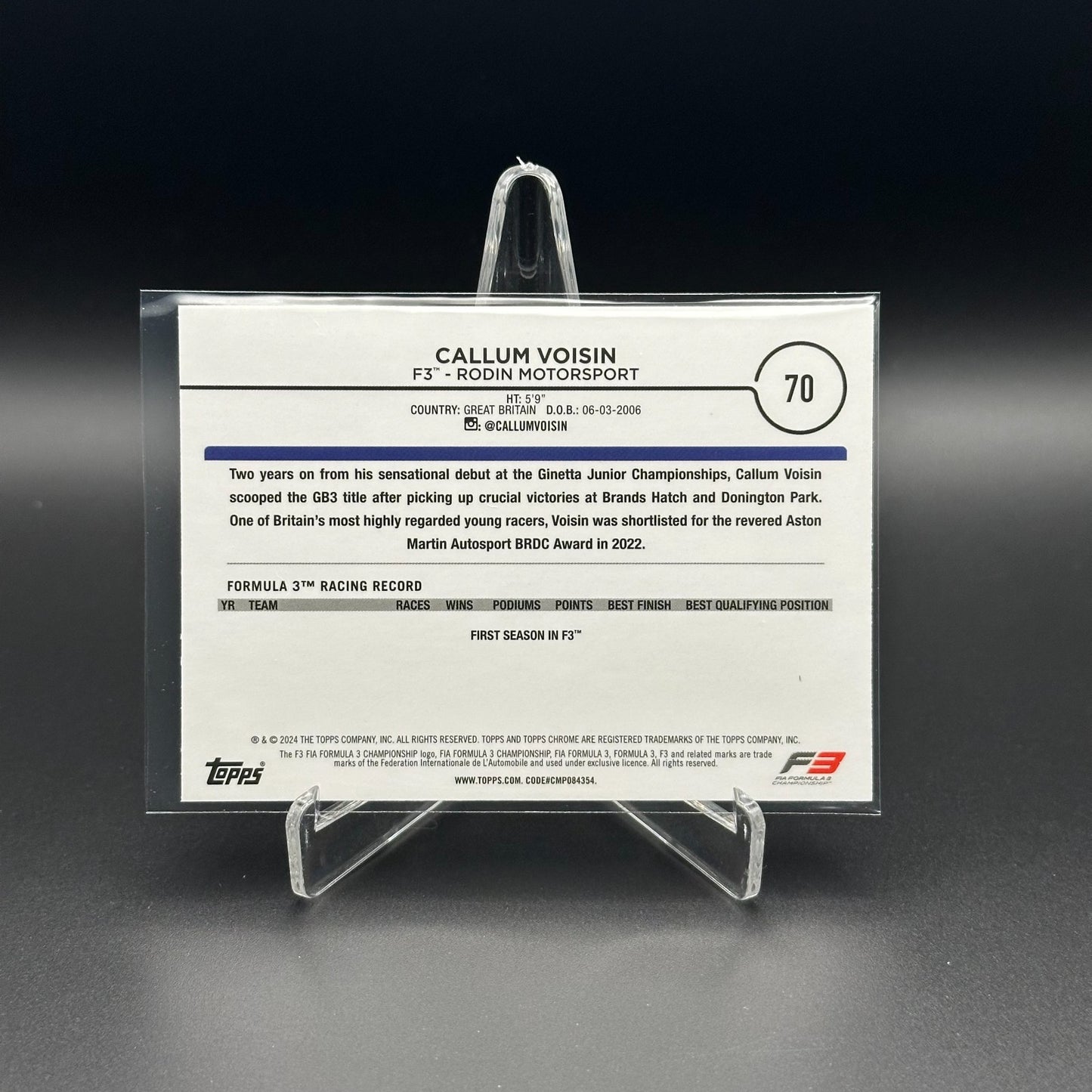 2024 Topps Formula 1 CALLUM VOISIN #70 F3 Future Stars Mini Diamond Refrac. /299