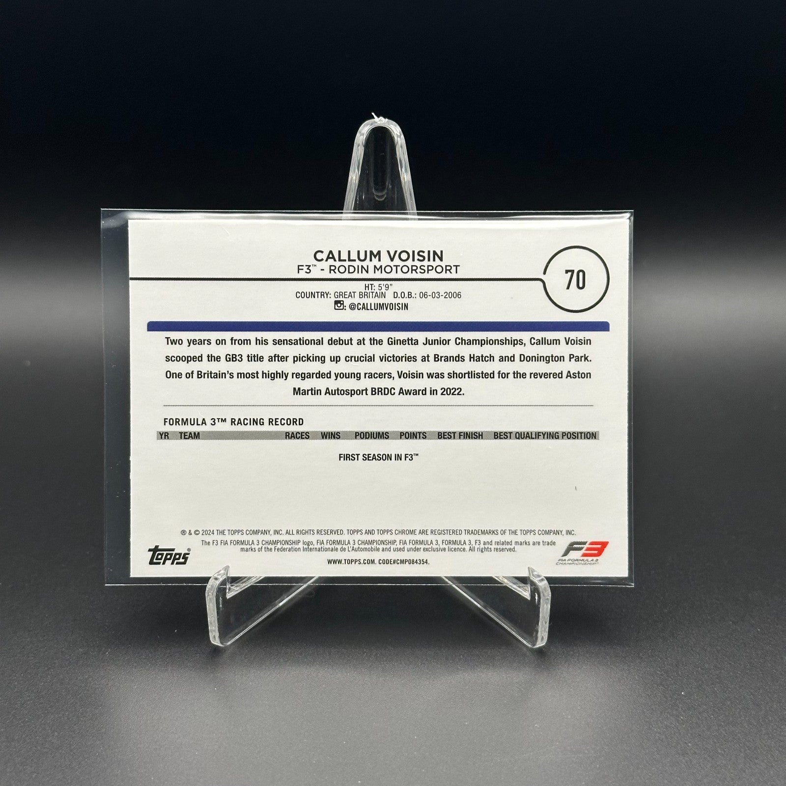 2024 Topps Formula 1 CALLUM VOISIN #70 F3 Future Stars Mini Diamond Refrac. /299