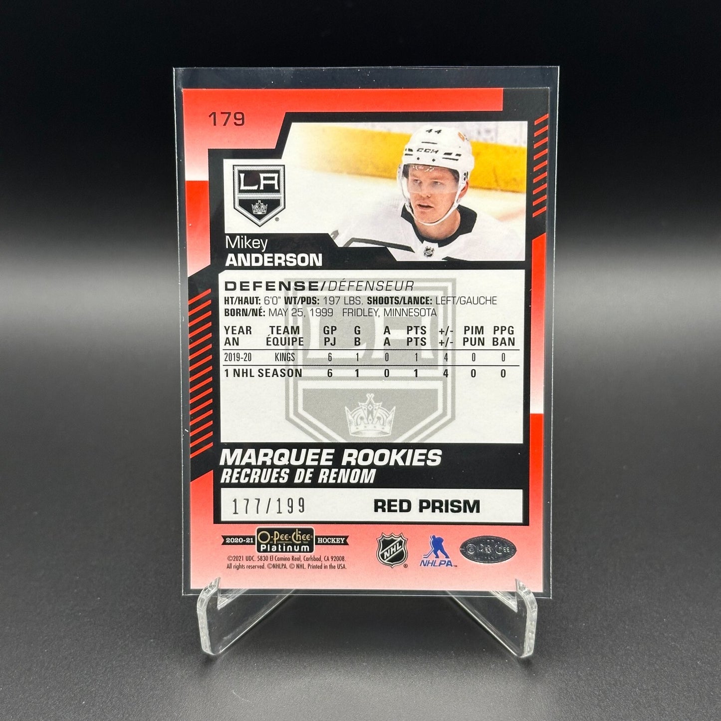 2020-21 O-Pee-Chee Platinum MIKEY ANDERSON #179 Red Prism RC /199 - LA Kings