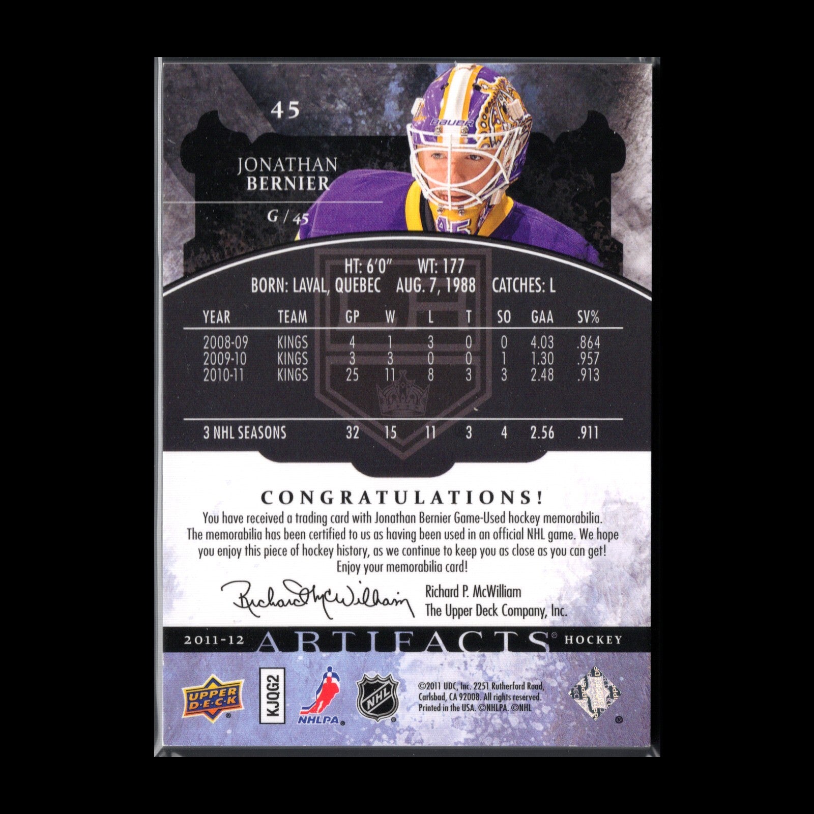 2011-12 UD Artifacts JONATHAN BERNIER #45 Horizontal Emerald Patch Jersey /35