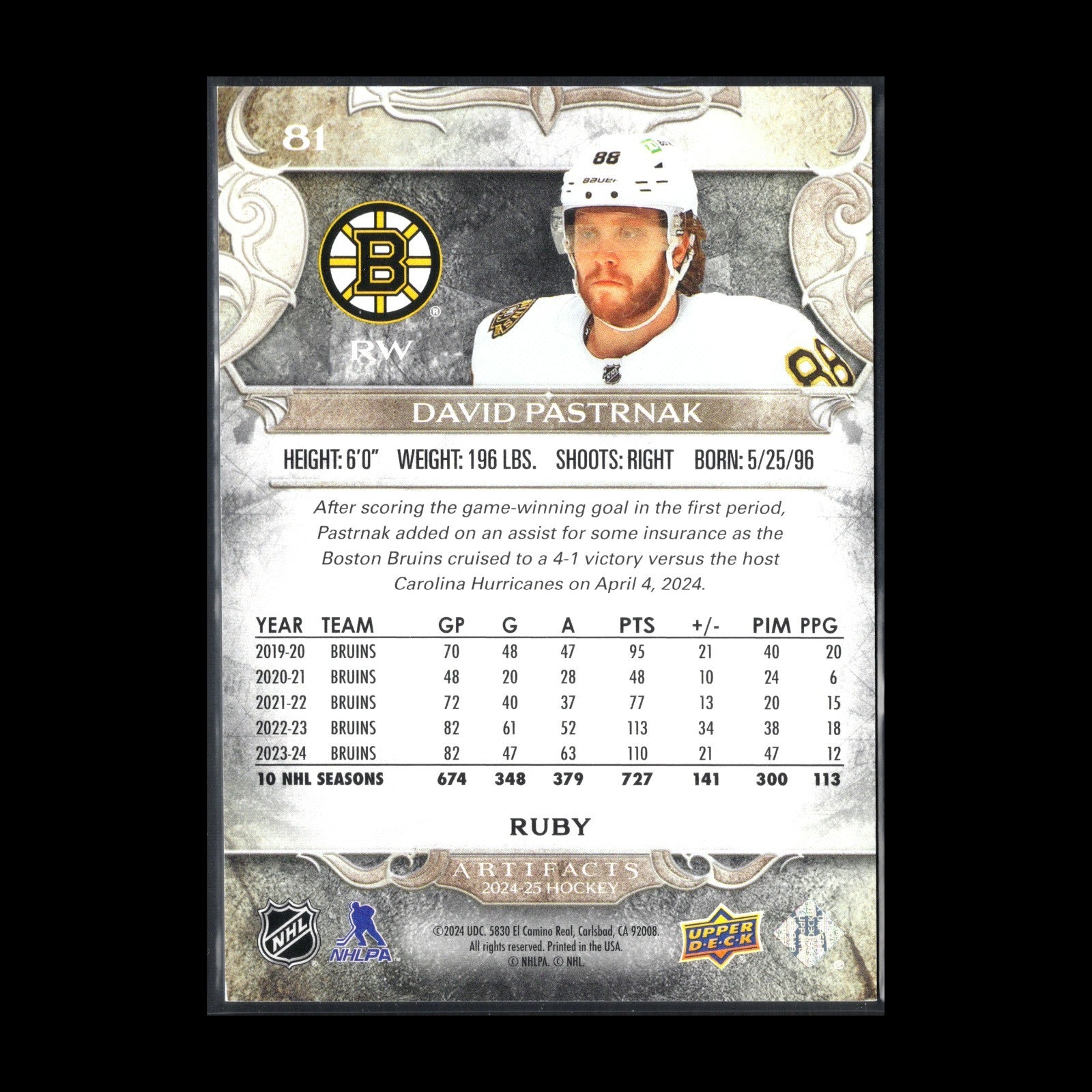 2024-25 UD Artifacts DAVID PASTRNAK #81 Ruby /499 - Boston Bruins