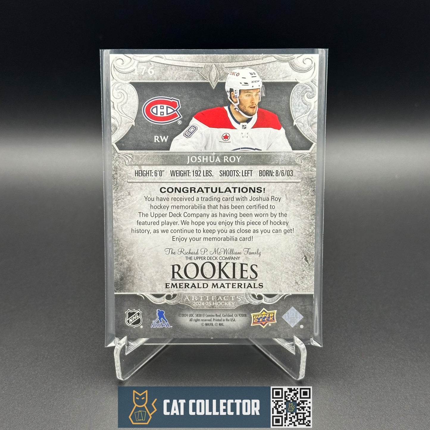 2024-25 UD Artifacts JOSHUA ROY #176 Emerald Materials Jersey /99 Rookie RC