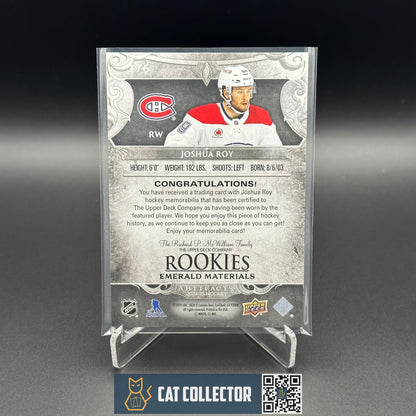 2024-25 UD Artifacts JOSHUA ROY #176 Emerald Materials Jersey /99 Rookie RC