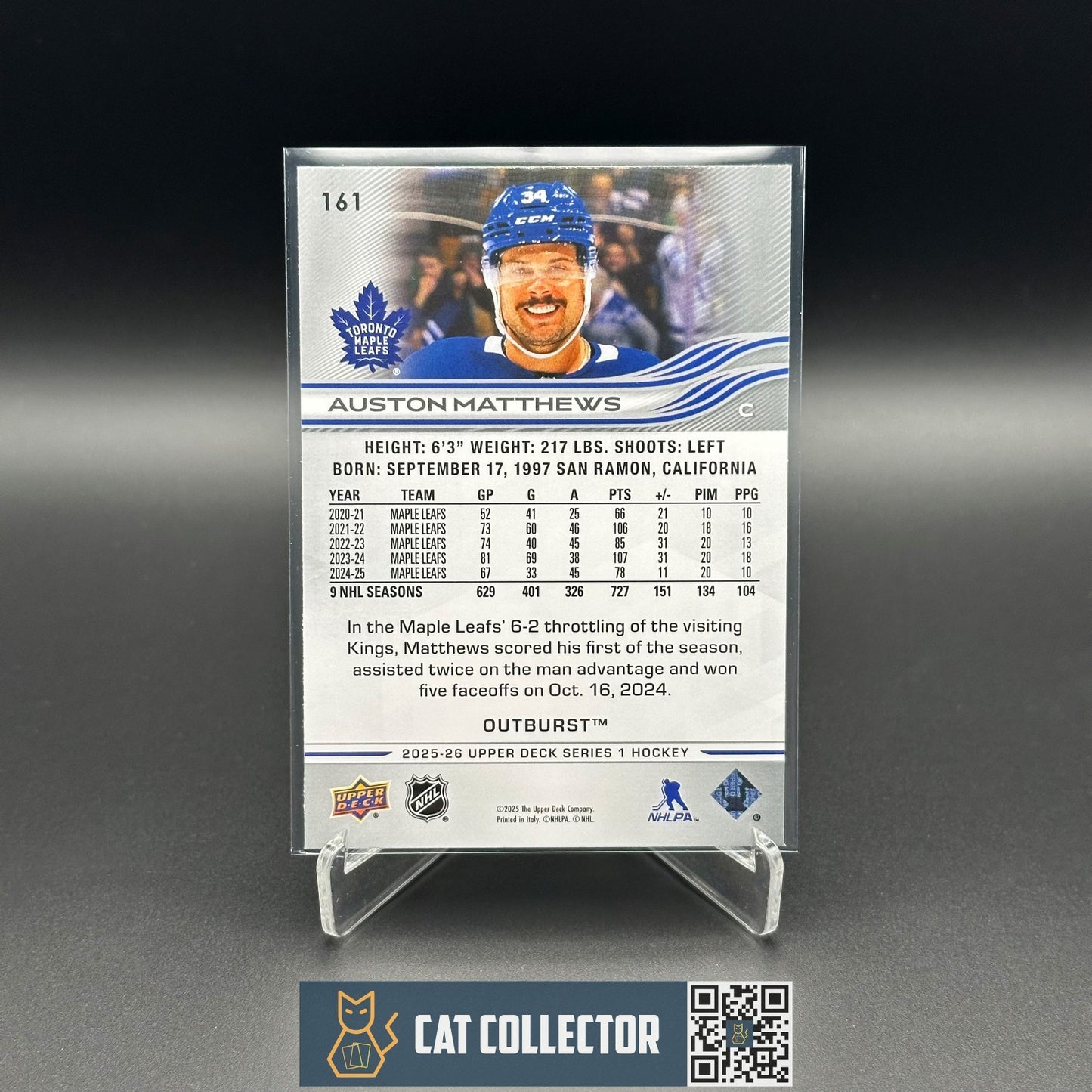 2025-26 UD Series 1 AUSTON MATTHEWS #161 Outburst - Toronto Maple Leafs