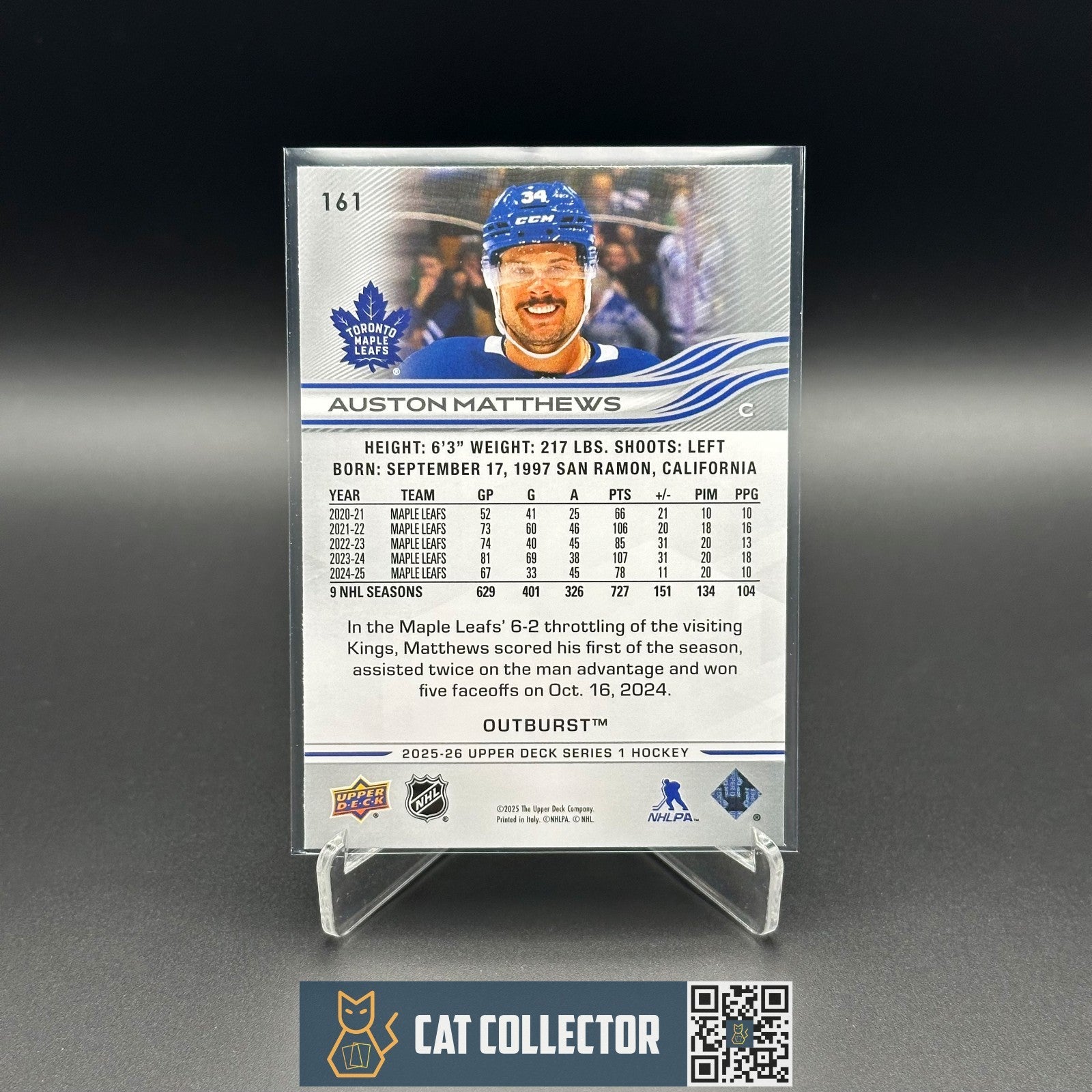 2025-26 UD Series 1 AUSTON MATTHEWS #161 Outburst - Toronto Maple Leafs