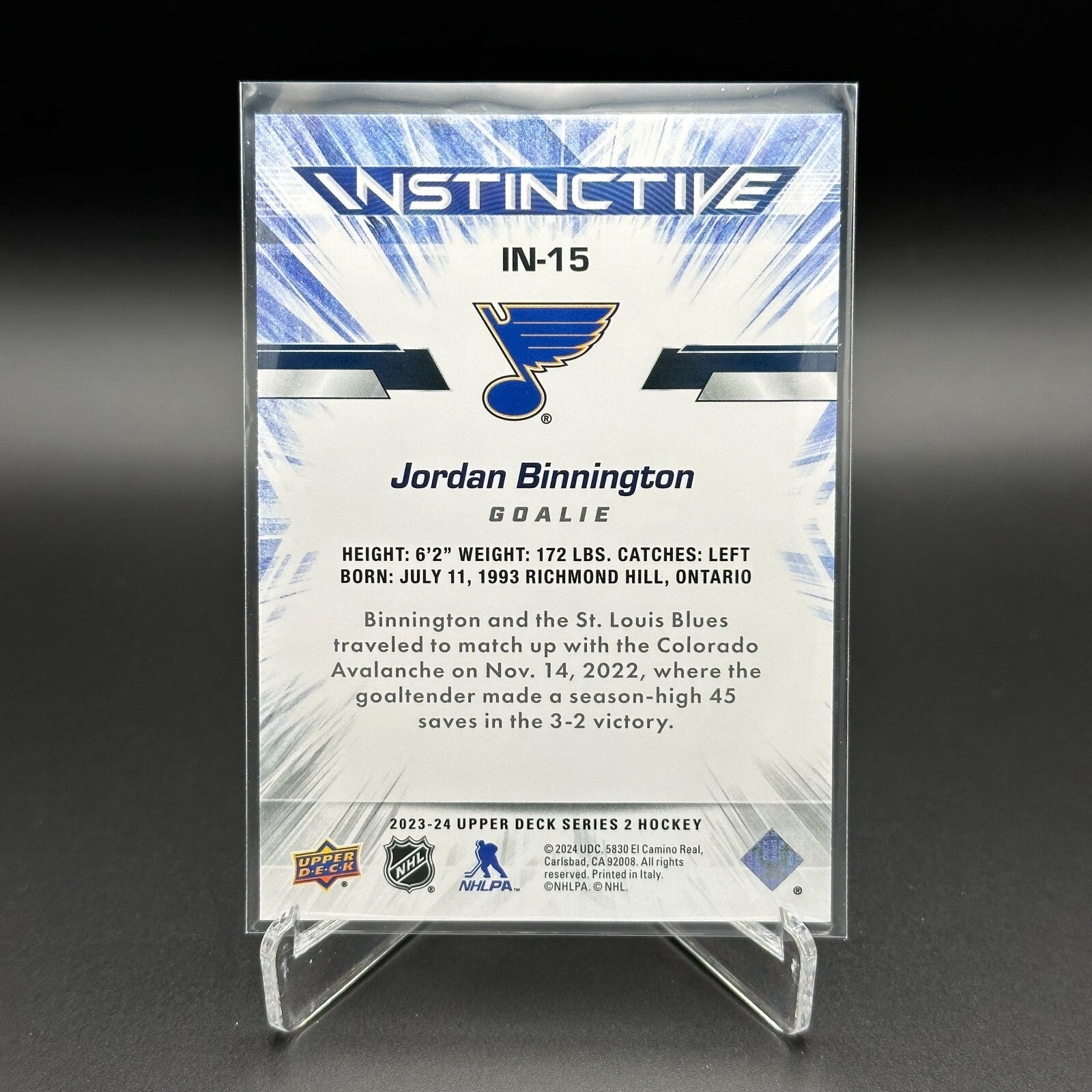 2023-24 UD Series 2 JORDAN BINNINGTON #IN-15 Instinctive - St. Louis Blues