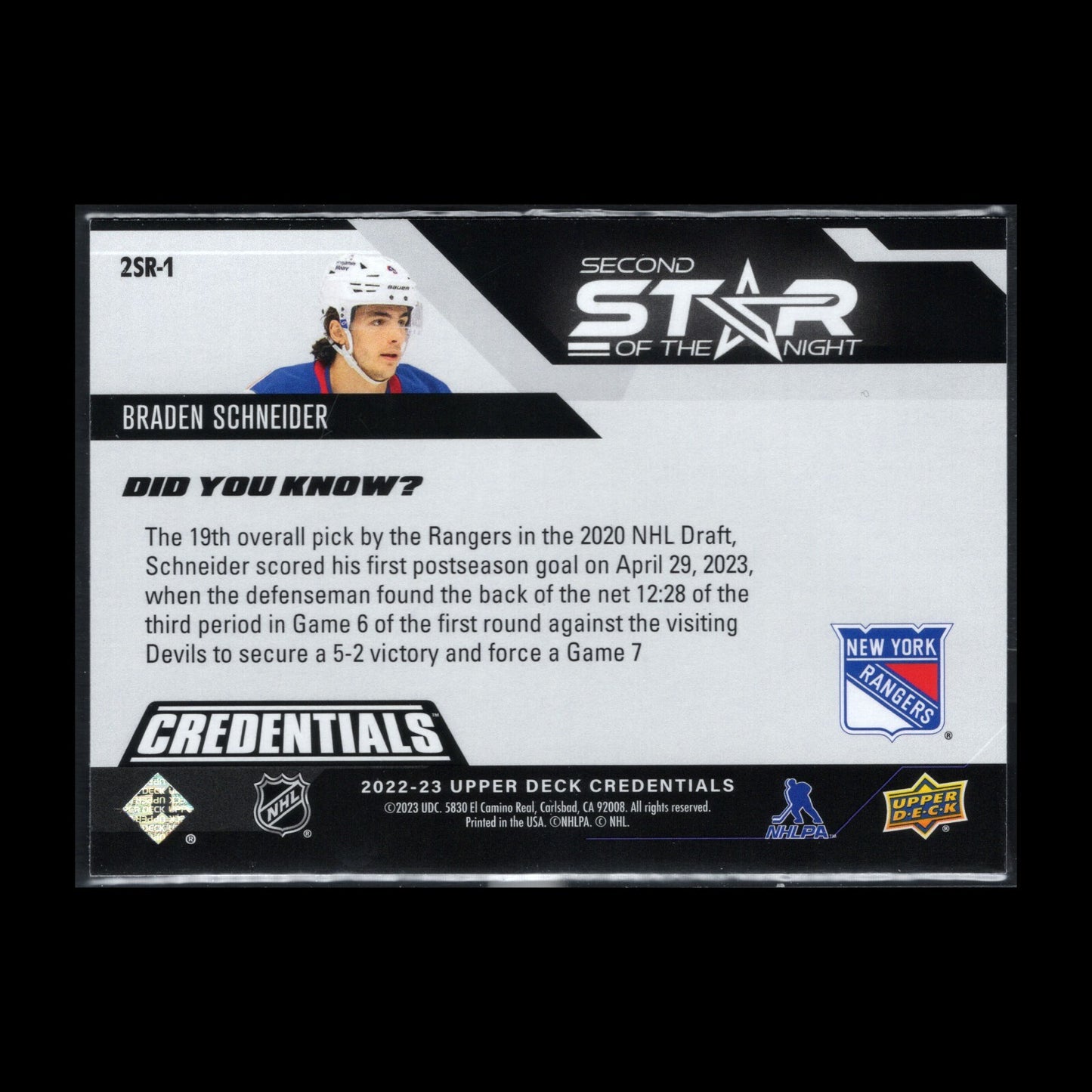 2022-23 UD Credentials BRADEN SCHNEIDER #2SR-1 First Star of the Night Rookie RC