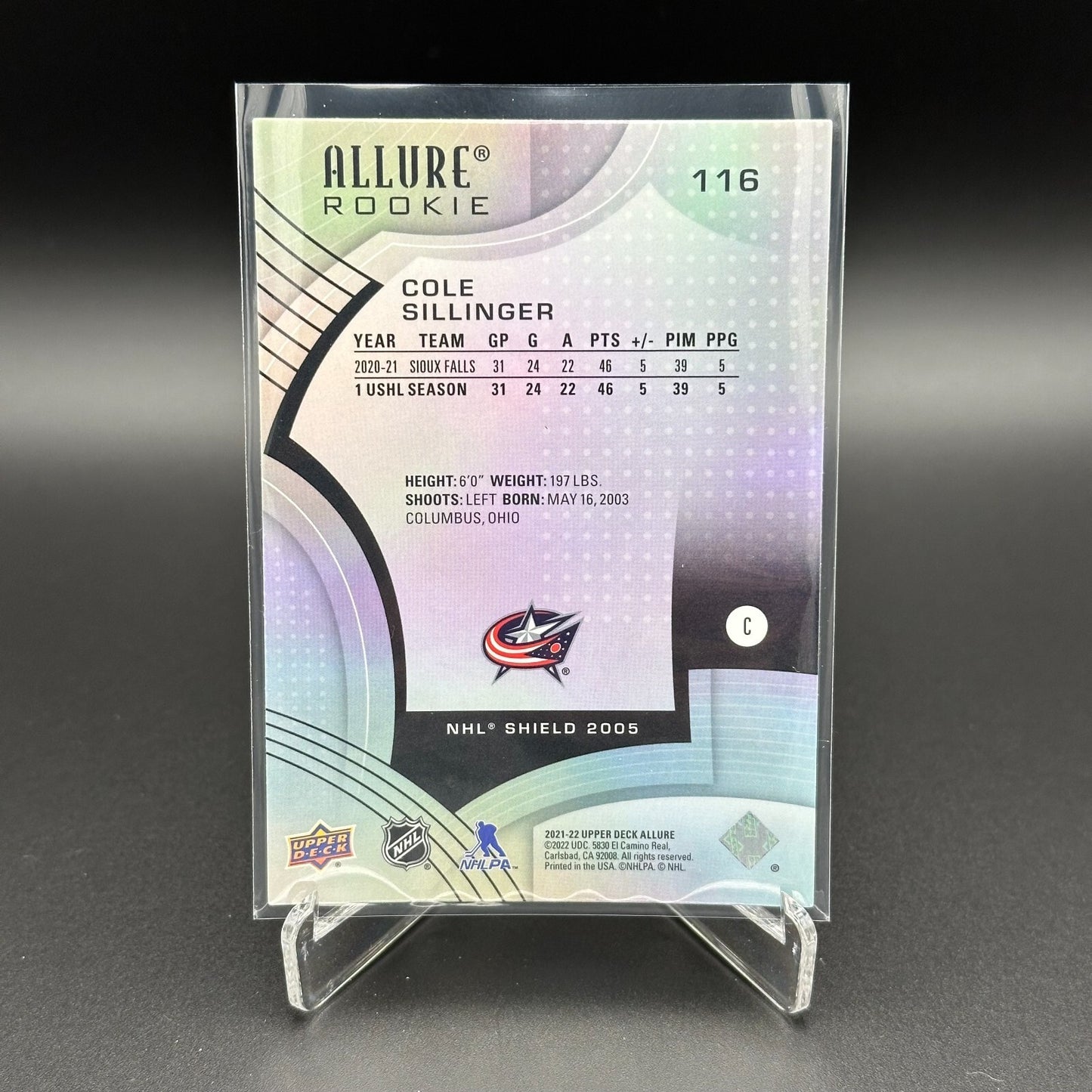 2021-22 UD Allure COLE SILLINGER #116 NHL Shield 1917 RC - Columbus Blue Jackets