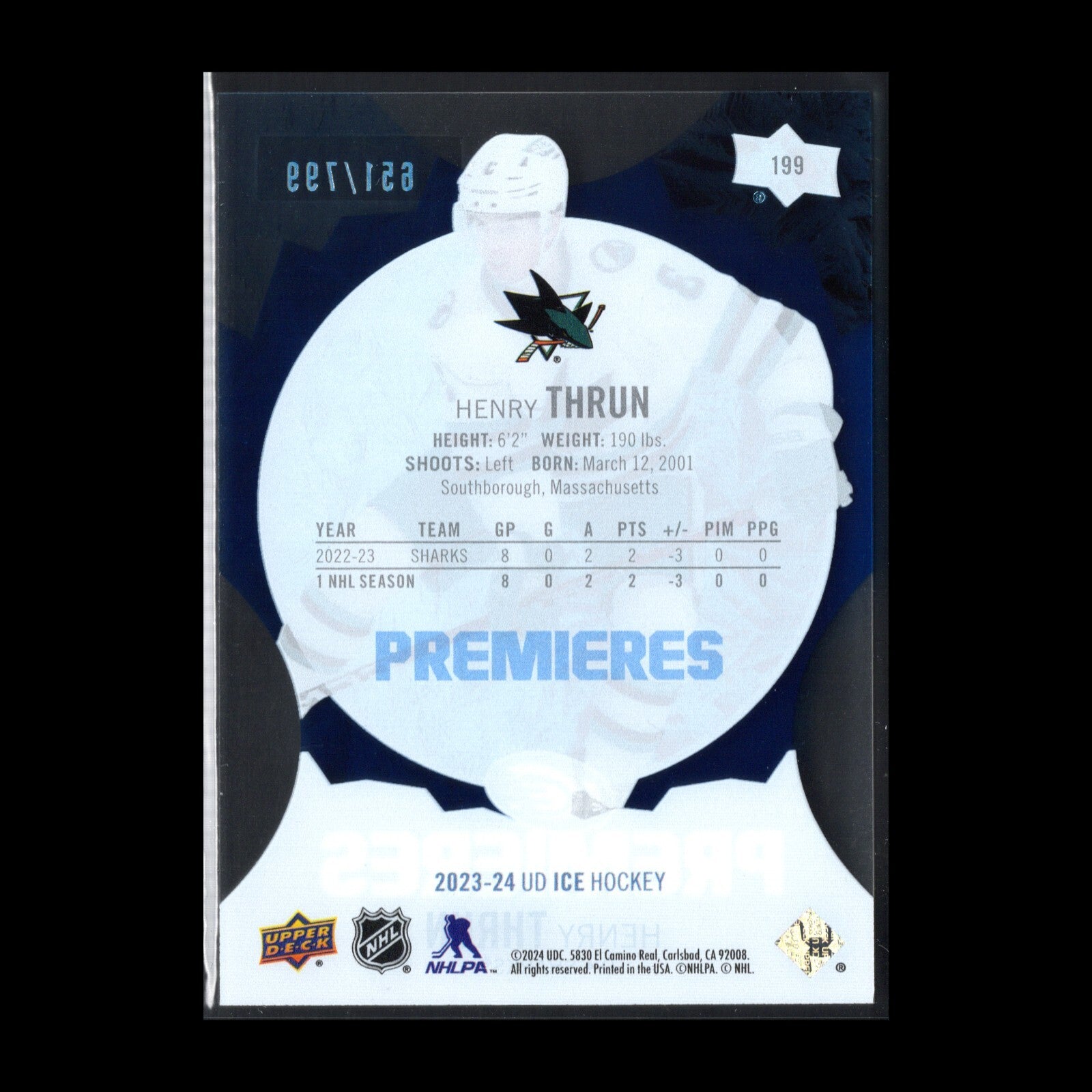 2023-24 UD Ice HENRY THRUN #199 Ice Premieres Blue Parallel 651/799 Rookie RC