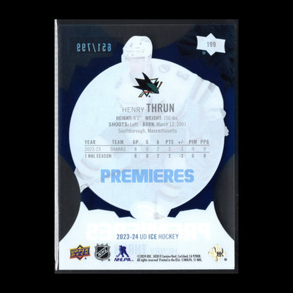 2023-24 UD Ice HENRY THRUN #199 Ice Premieres Blue Parallel 651/799 Rookie RC