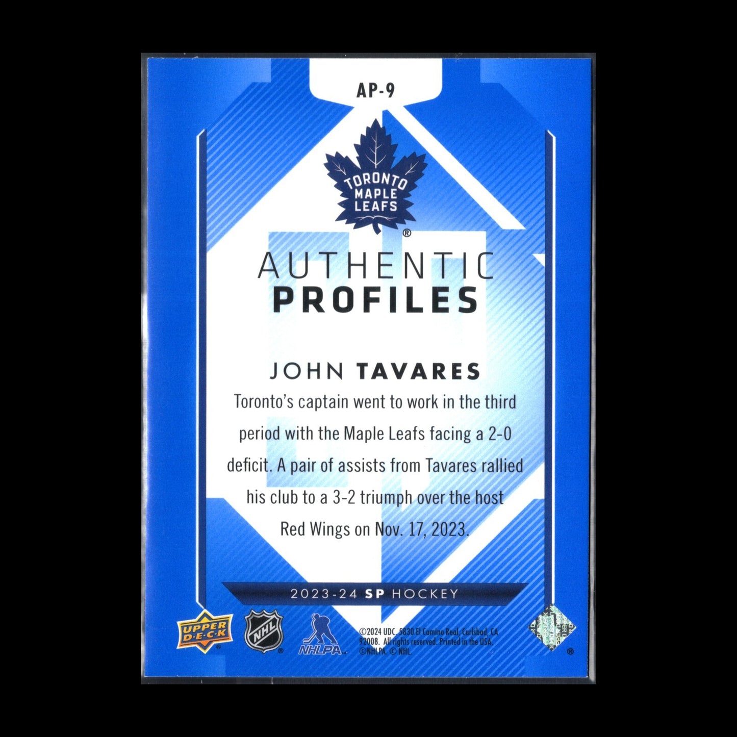 2023-24 UD SP Authentic JOHN TAVARES #AP-9 Authentic Profiles Blue
