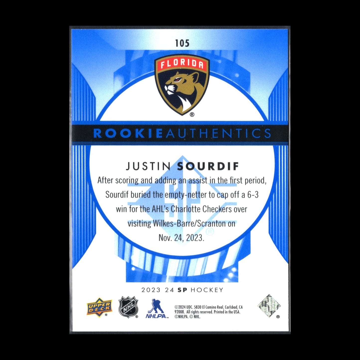 2023-24 UD SP Authentic JUSTIN SOURDIF #105 Rookie Authentics - Florida Panthers