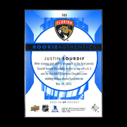 2023-24 UD SP Authentic JUSTIN SOURDIF #105 Rookie Authentics - Florida Panthers