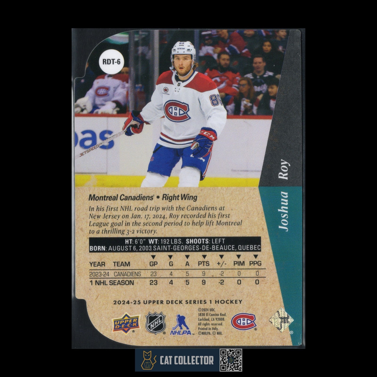 2024-25 UD Series 1 JOSHUA ROY #RDT-6 Rookie Tribute Die Cut RC - MTL Canadiens
