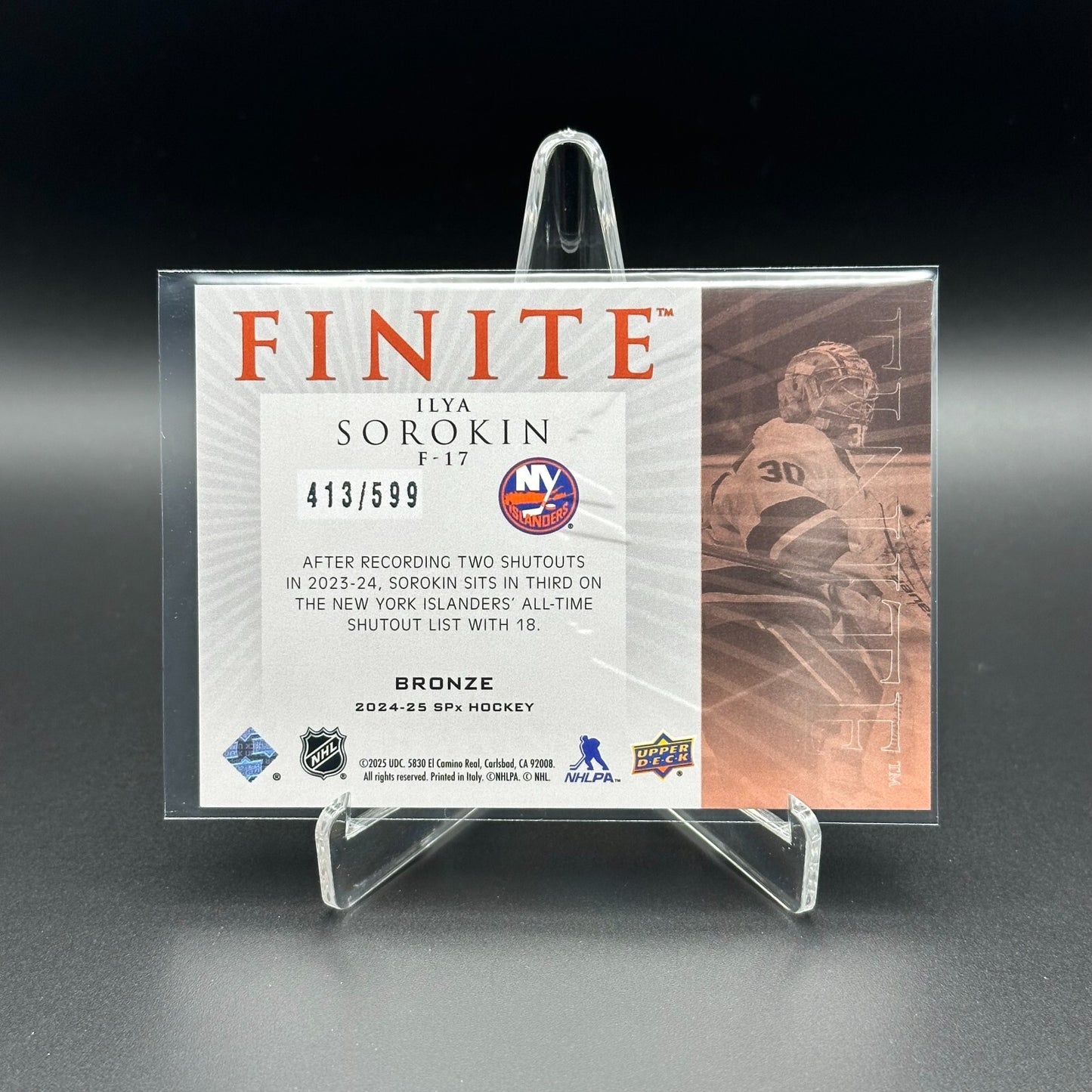 2024-25 Upper Deck SPx ILYA SOROKIN #F-17 Finite Bronze /599 New York Islanders