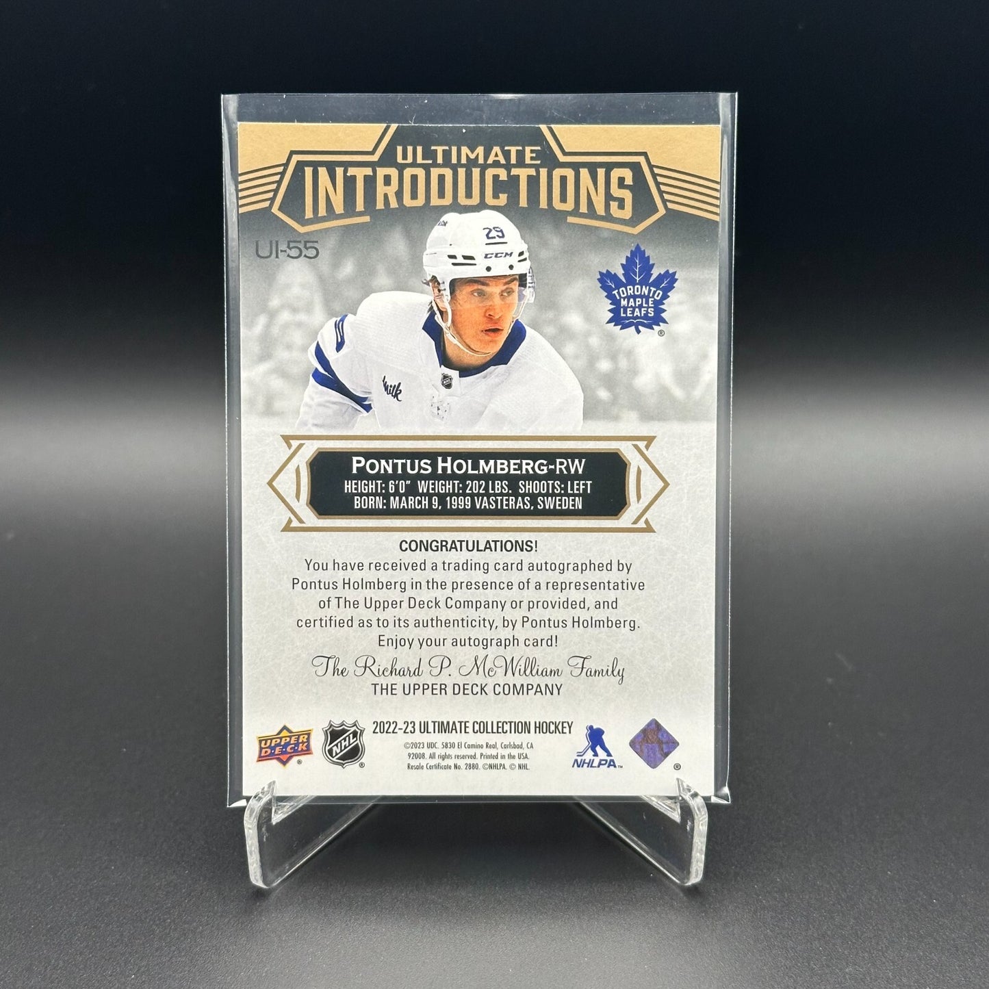 2022-23 UD Ultimate Collection PONTUS HOLMBERG #UI-55 Introductions Rookie AUTO