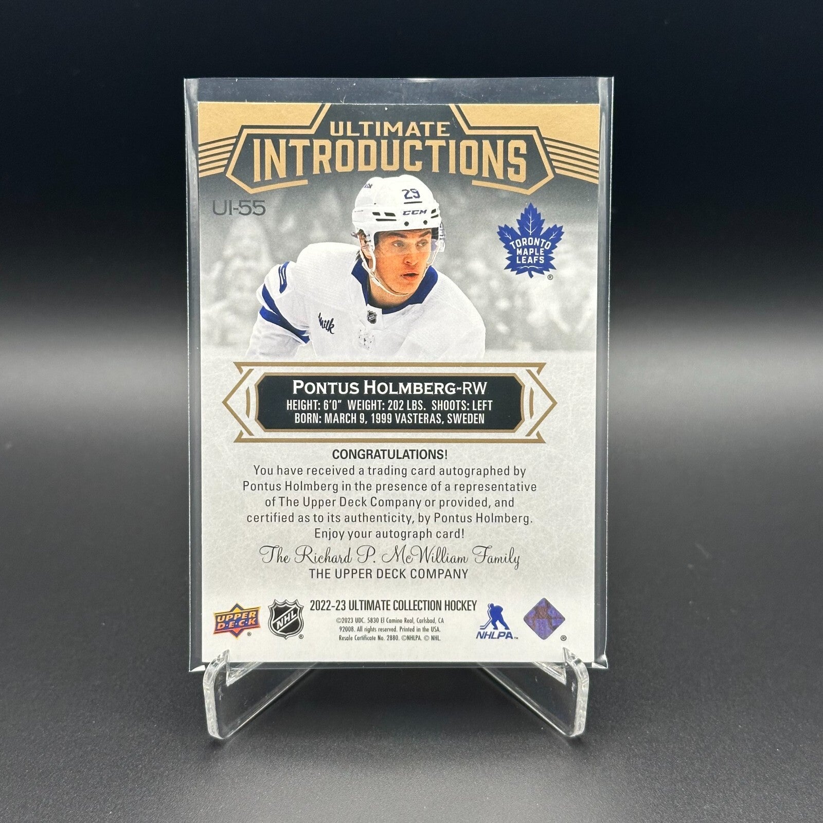 2022-23 UD Ultimate Collection PONTUS HOLMBERG #UI-55 Introductions Rookie AUTO
