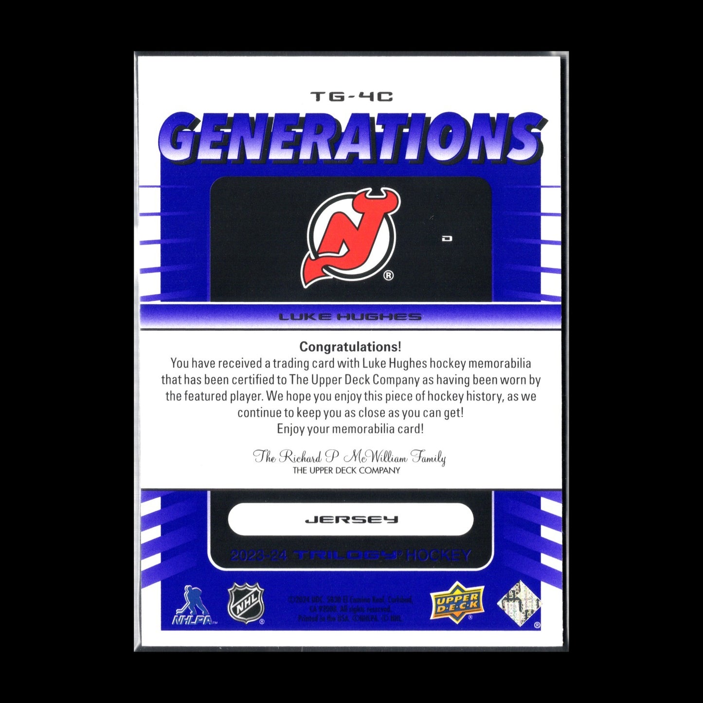 2023-24 UD Trilogy LUKE HUGHES #TG-4C Generations Jersey 34/99 New Jersey Devils