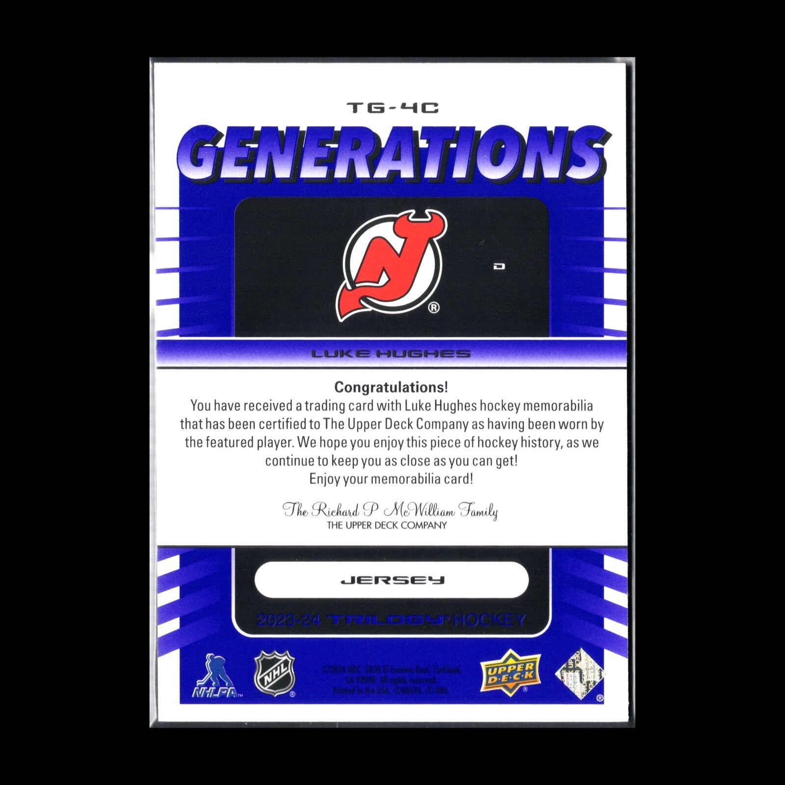 2023-24 UD Trilogy LUKE HUGHES #TG-4C Generations Jersey 34/99 New Jersey Devils
