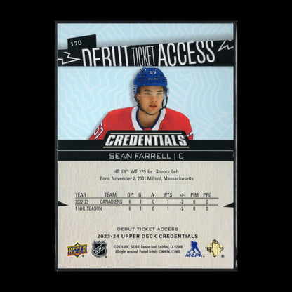 2023-24 UD Credentials SEAN FARRELL #170 Debut Ticket Access /799 RC