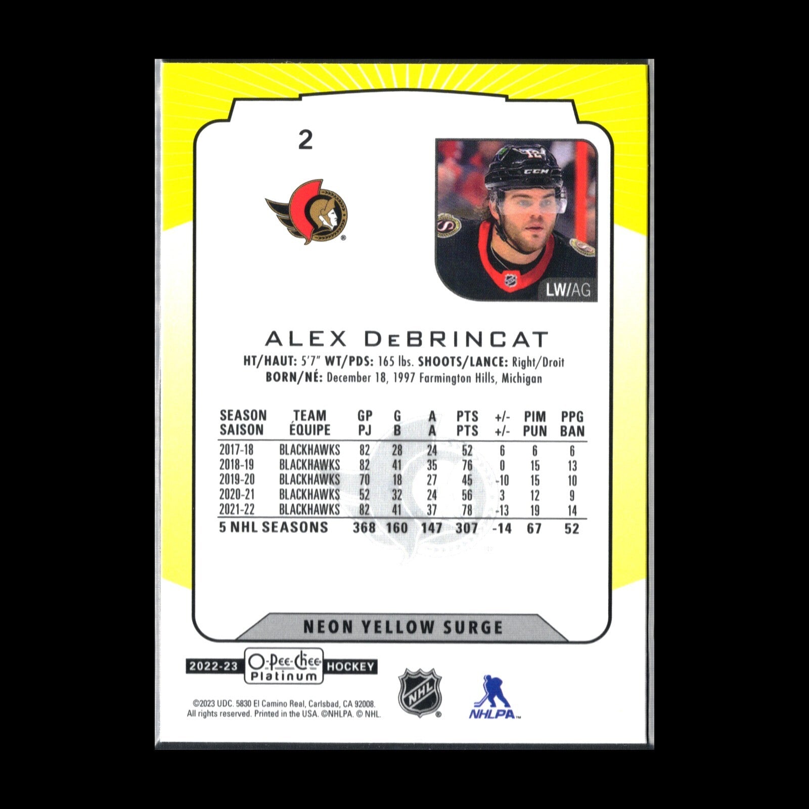 2022-23 O-Pee-Chee Platinum ALEX DEBRINCAT #2 Neon Yellow Surge Ottawa Senators