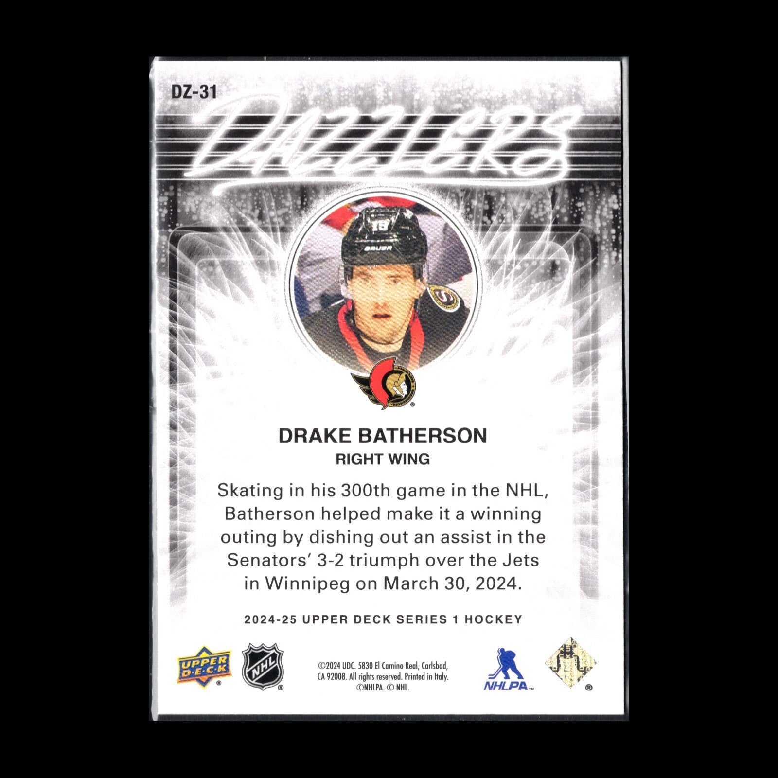 2024-25 UD Series 1 DRAKE BATHERSON #DZ-31 Dazzlers Blue - Ottawa Senators