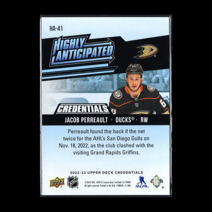 2022-23 UD Credentials JACOB PERREAULT #HA-41 Highly Anticipated