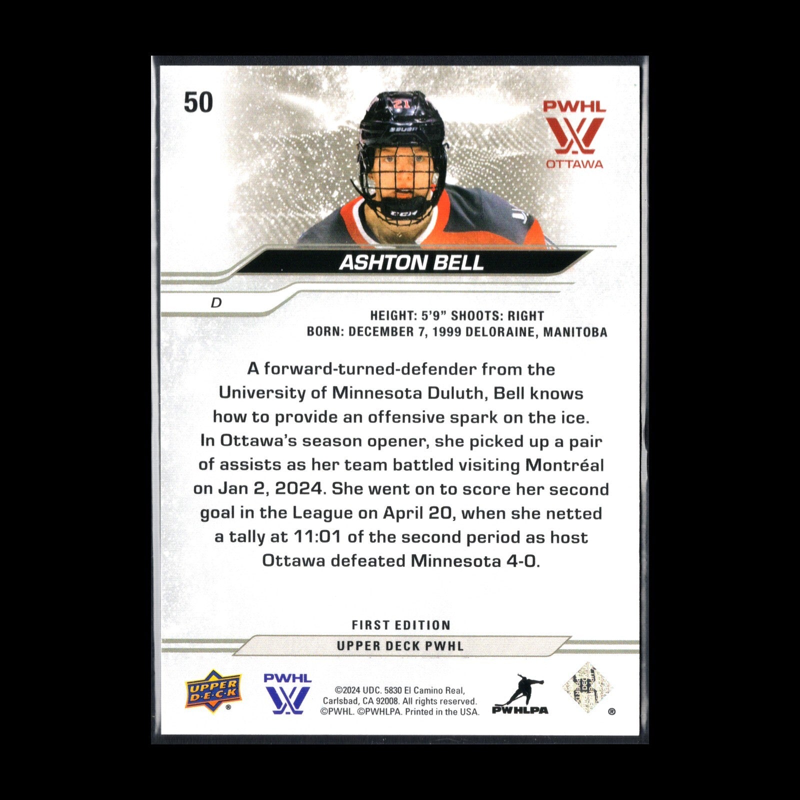 2024-25 Upper Deck PWHL ASHTON BELL #50 Deluxe 110/250 - Ottawa - 1st EDITION!