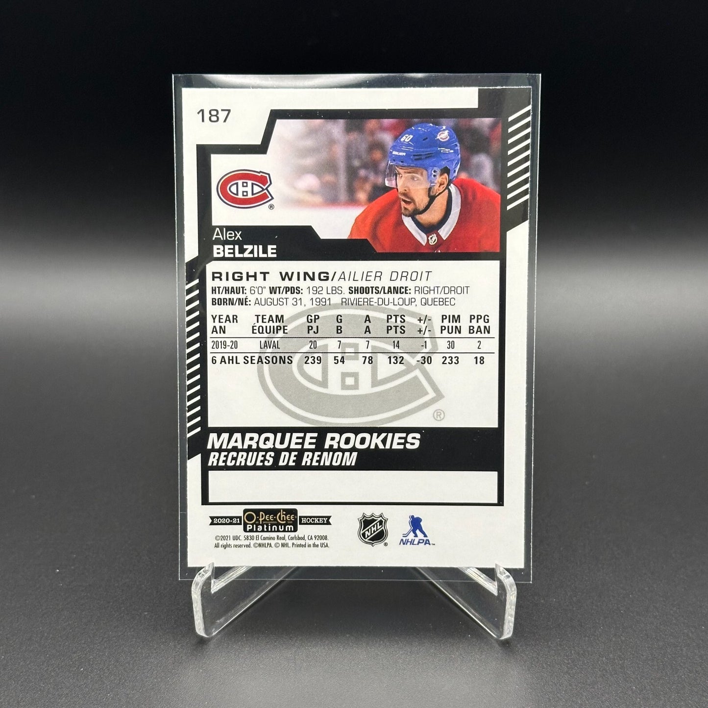 2020-21 O-Pee-Chee Platinum ALEX BELZILE #187 Marquee Rookie RC - MTL Canadiens