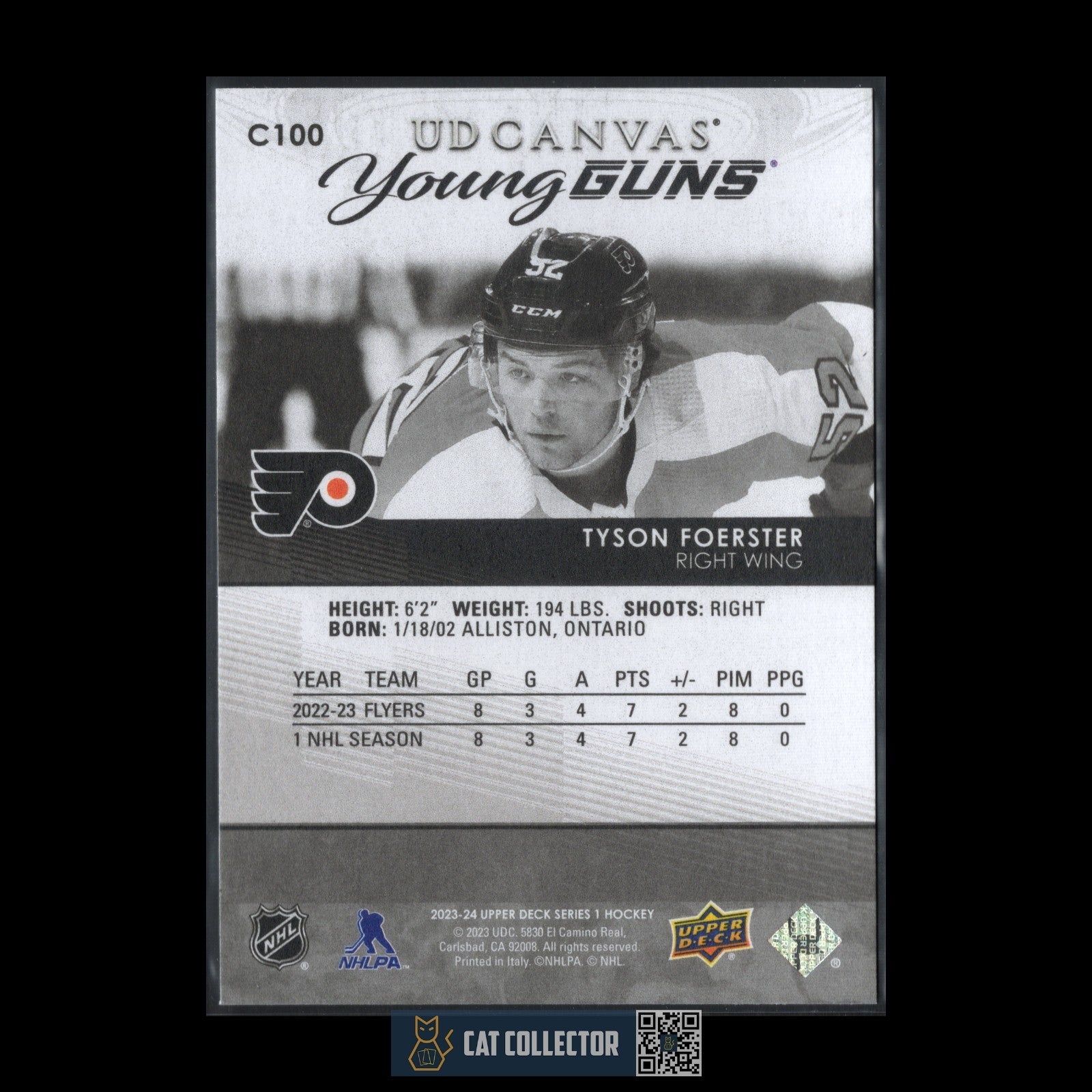2023-24 UD Series 1 TYSON FOERSTER #C100 Young Guns UD Canvas Black & White RC