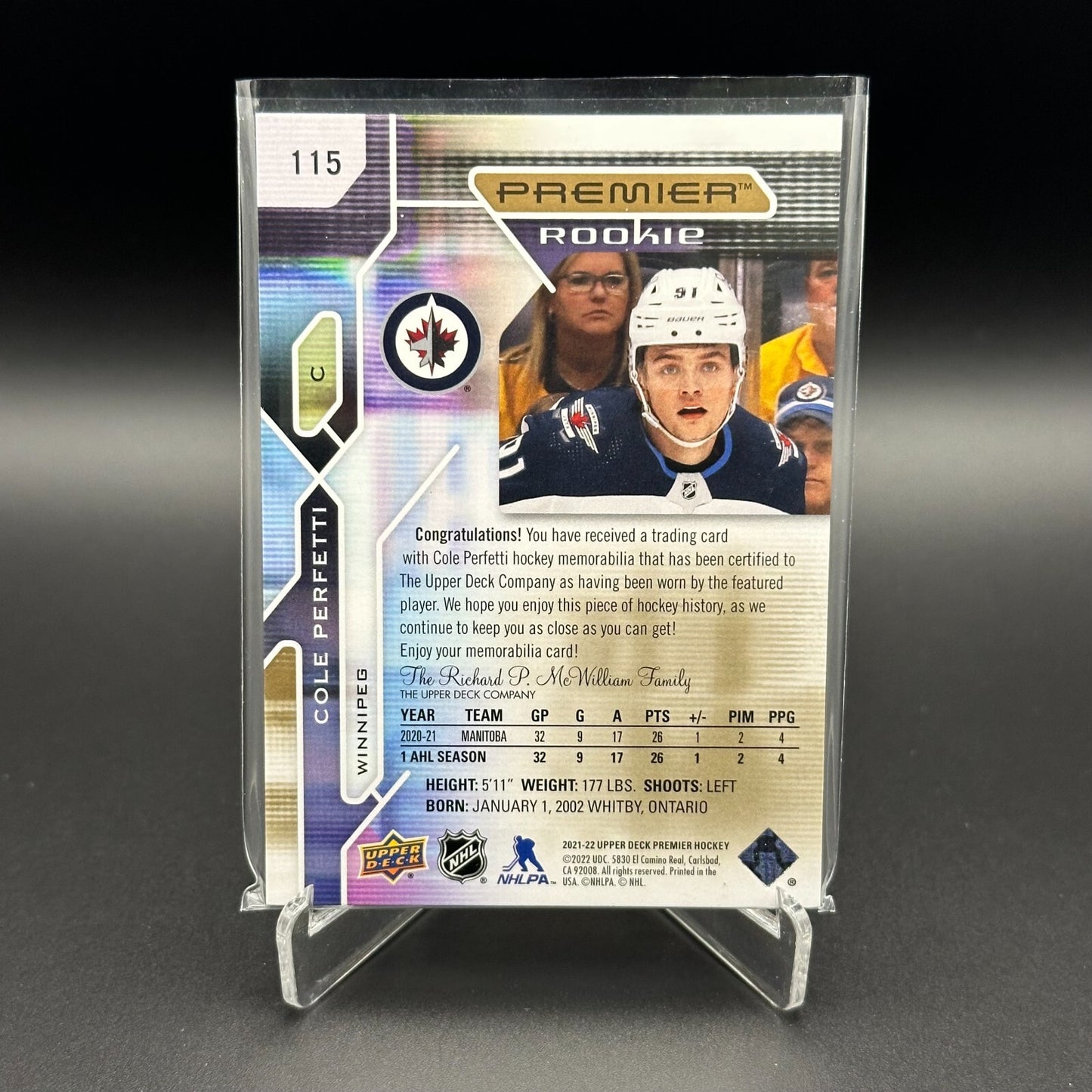 2021-22 UD Premier COLE PERFETTI #115 Patch Rookie RC 18/49 - Winnipeg Jets