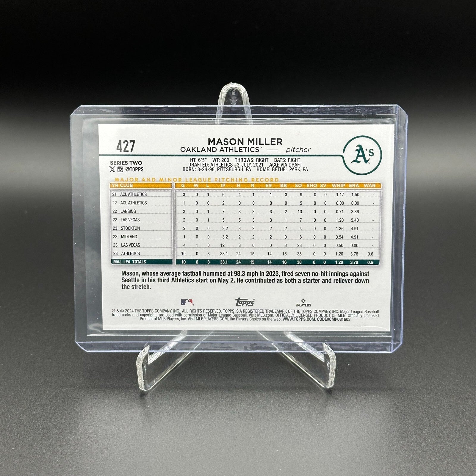 2024 Topps Series 2 MASON MILLER #427 Holiday Parallel - Oakland Athletics