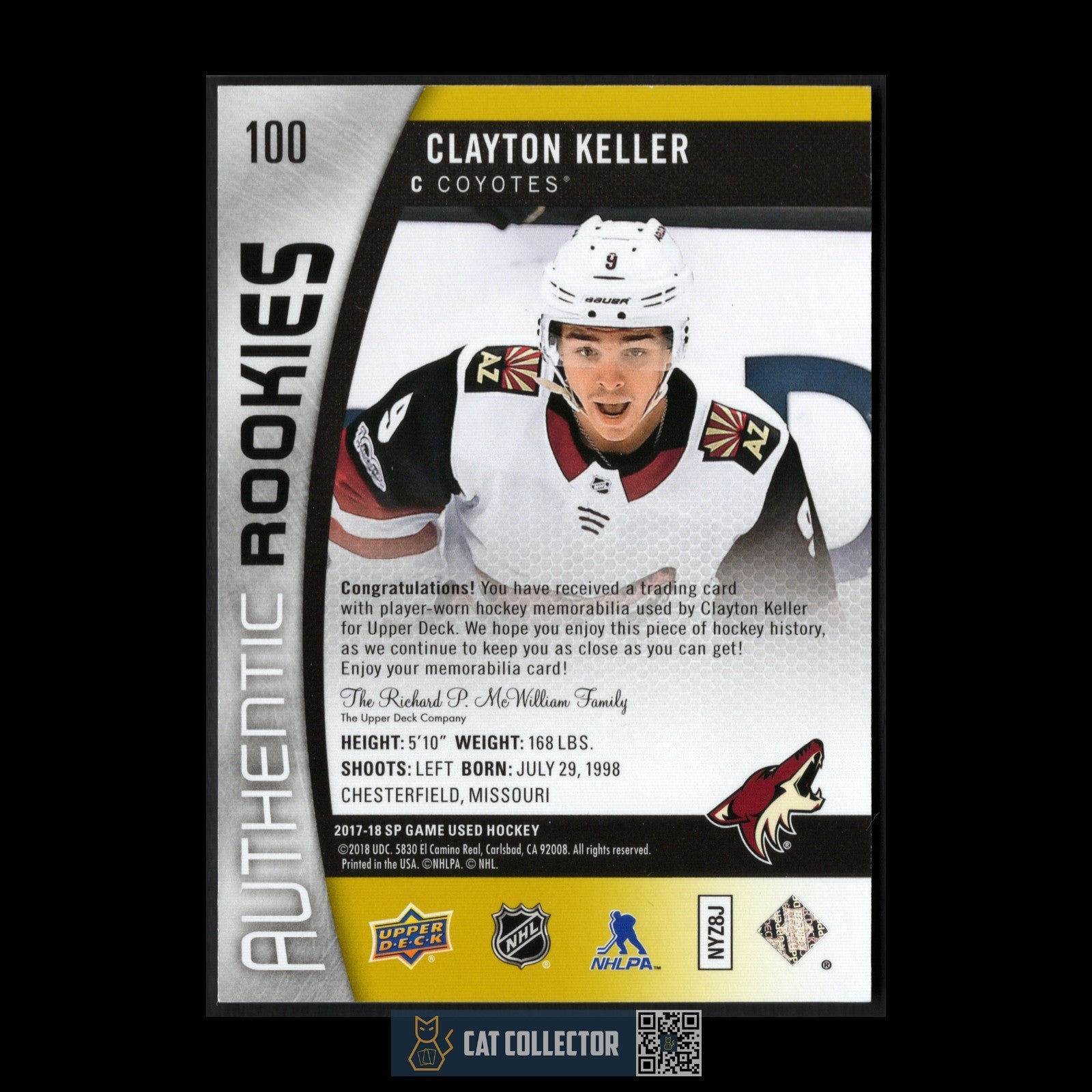 2017-18 UD SP Game Used CLAYTON KELLER #100 Authentic Rookies Jersey RC /399