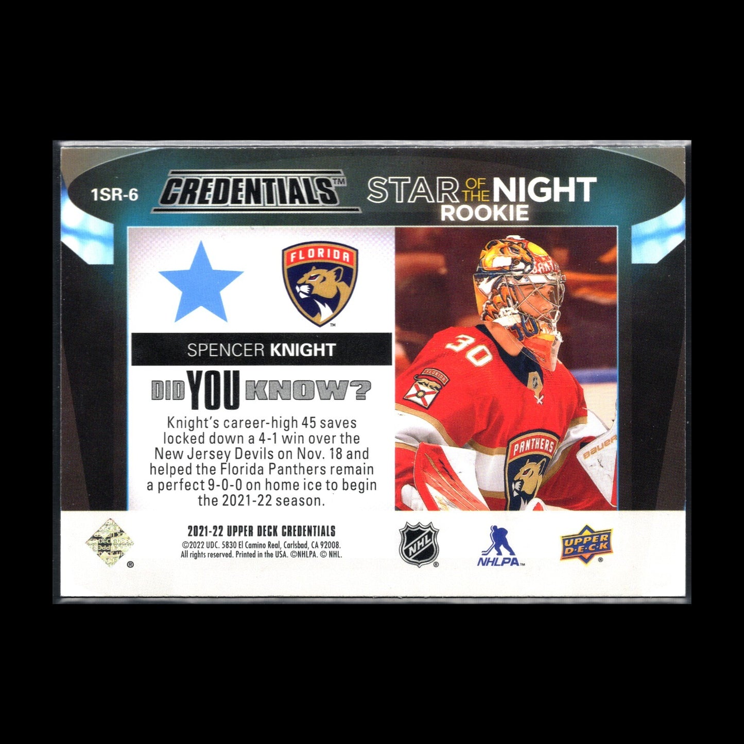 2021-22 UD Credentials SPENCER KNIGHT #1SR-6 First Star of the Night RC