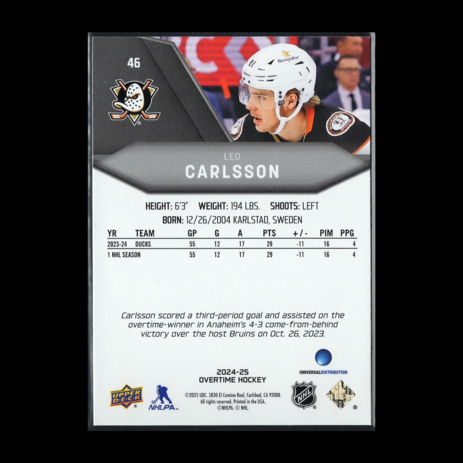 2024-25 UD Overtime LEO CARLSSON #46 Red foil - Anaheim Ducks