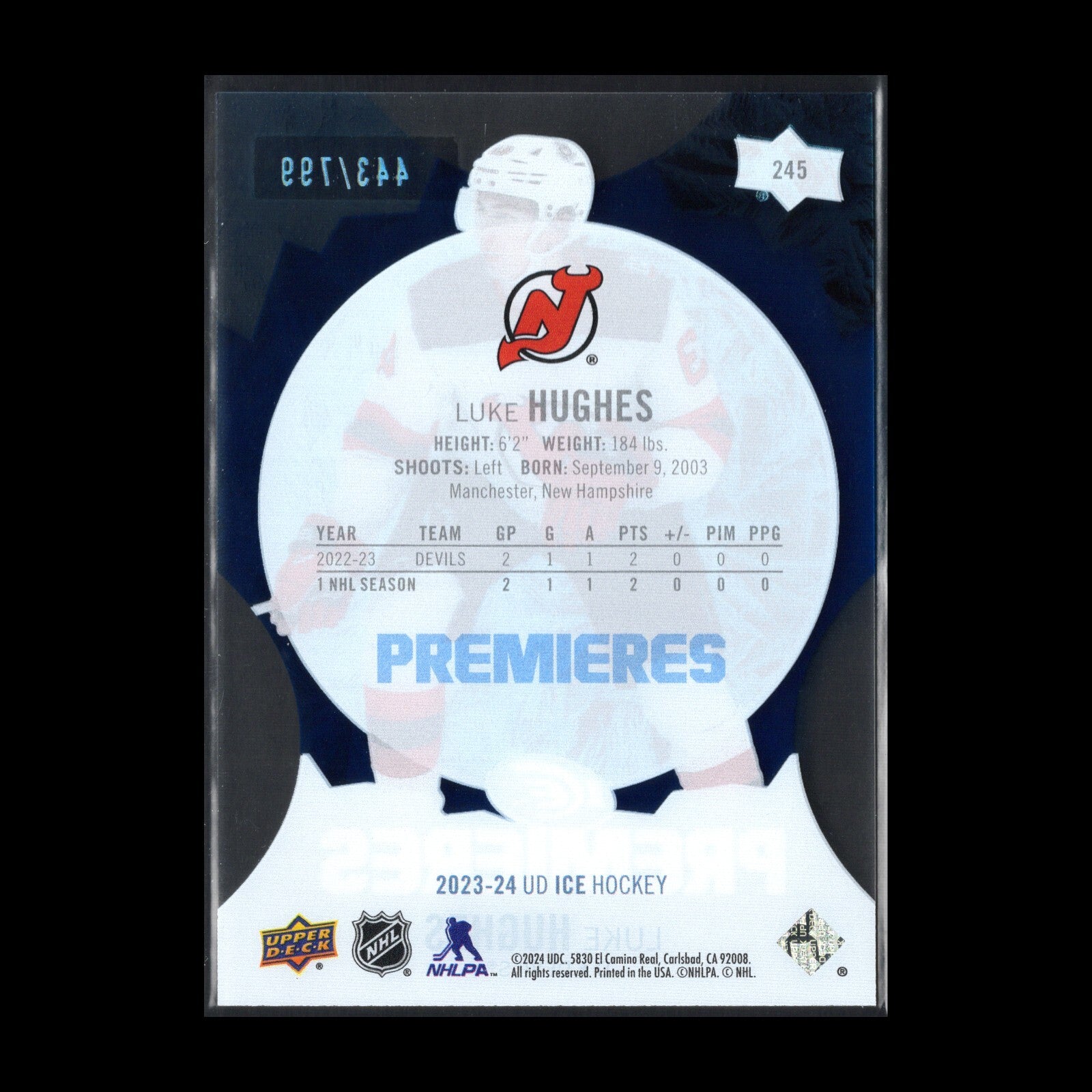 2023-24 UD Ice LUKE HUGHES #245 Ice Premieres Blue Parallel RC 443/799
