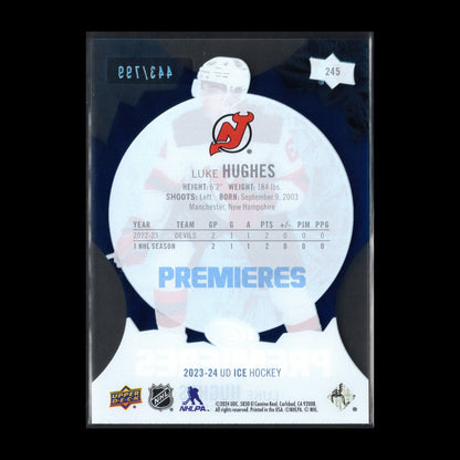 2023-24 UD Ice LUKE HUGHES #245 Ice Premieres Blue Parallel RC 443/799