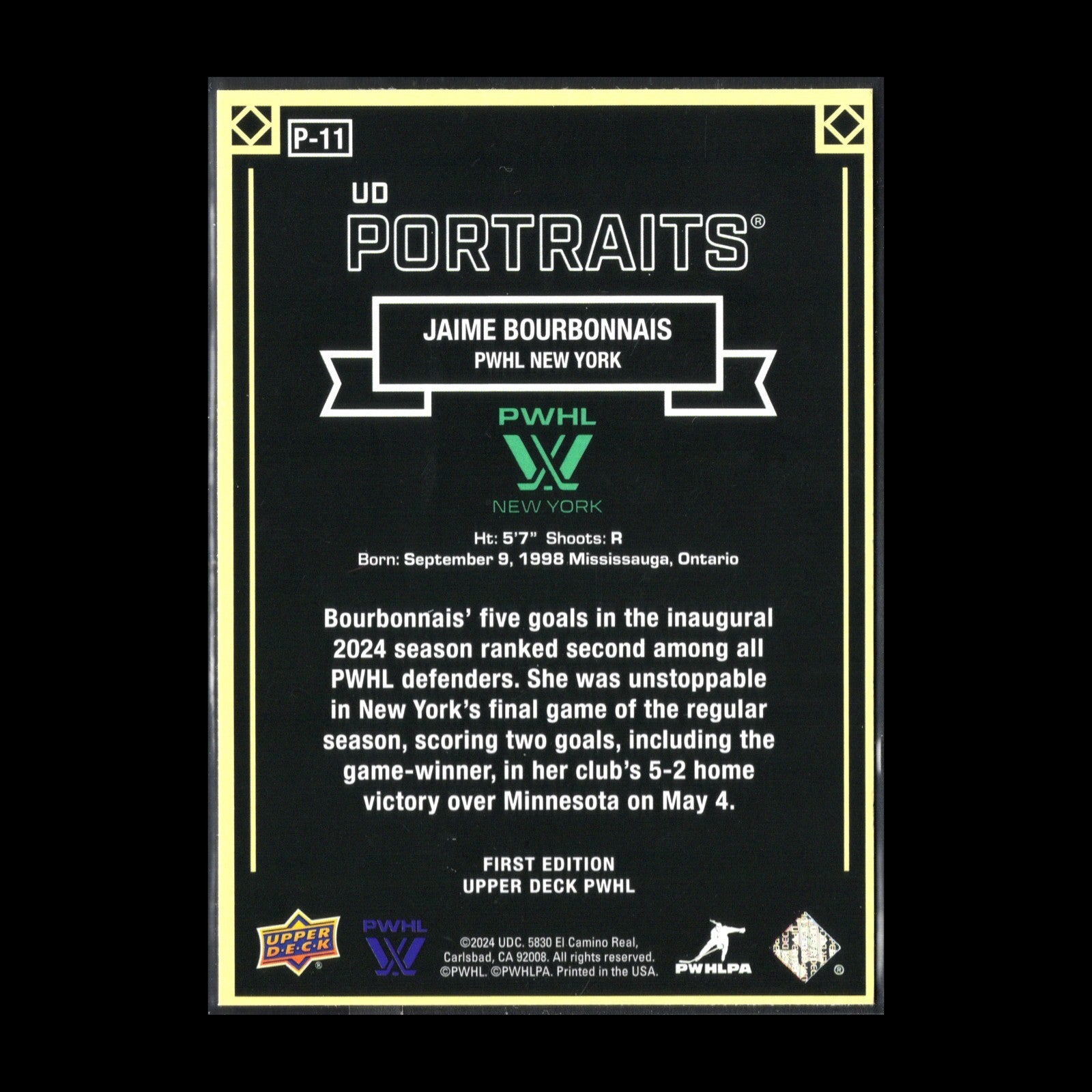 2024-25 UD PWHL JAIME BOURBONNAIS #P-11 UD Portraits - 1st EDITION!