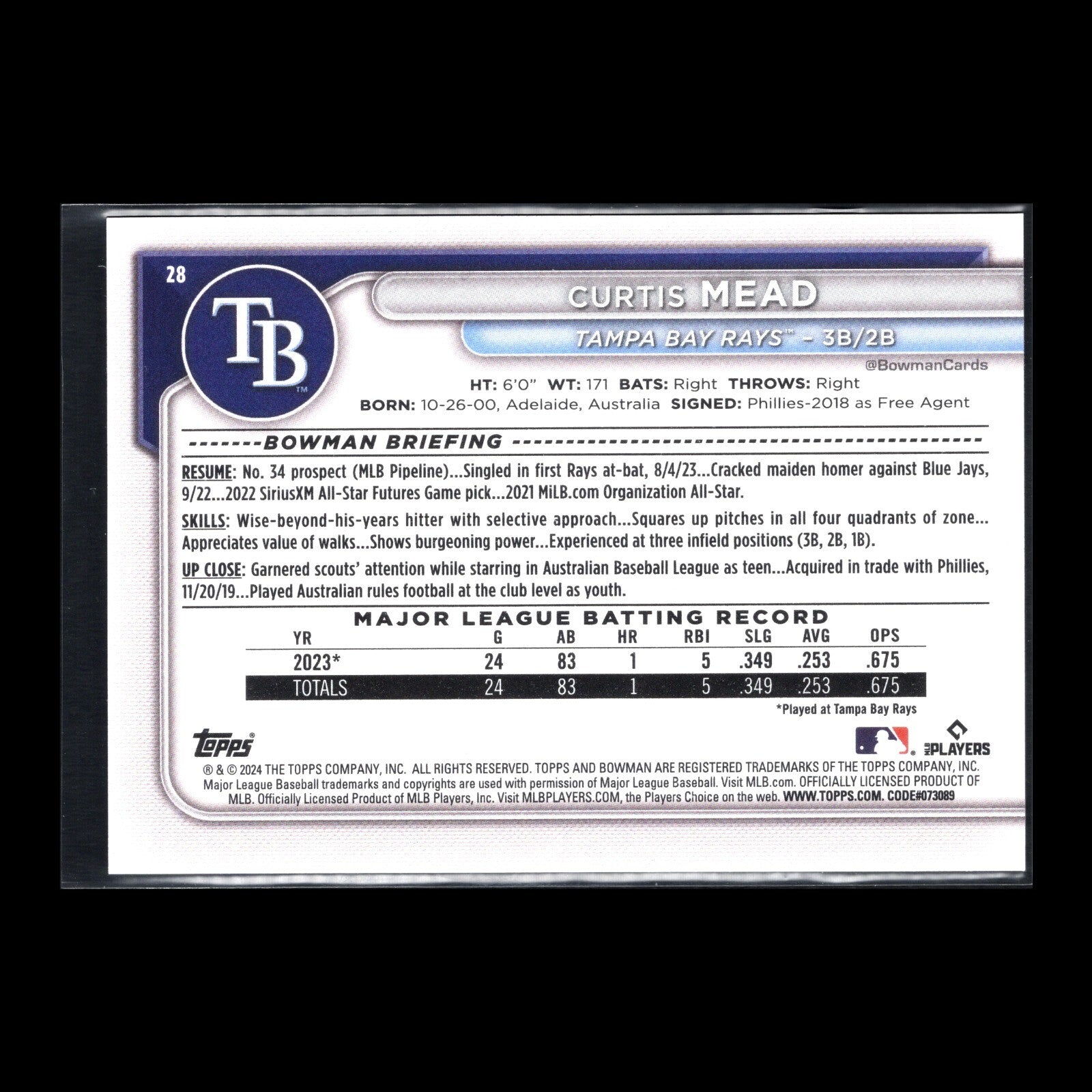 2024 Topps Bowman CURTIS MEAD #28 Prospect RC - Tampa Bay Rays