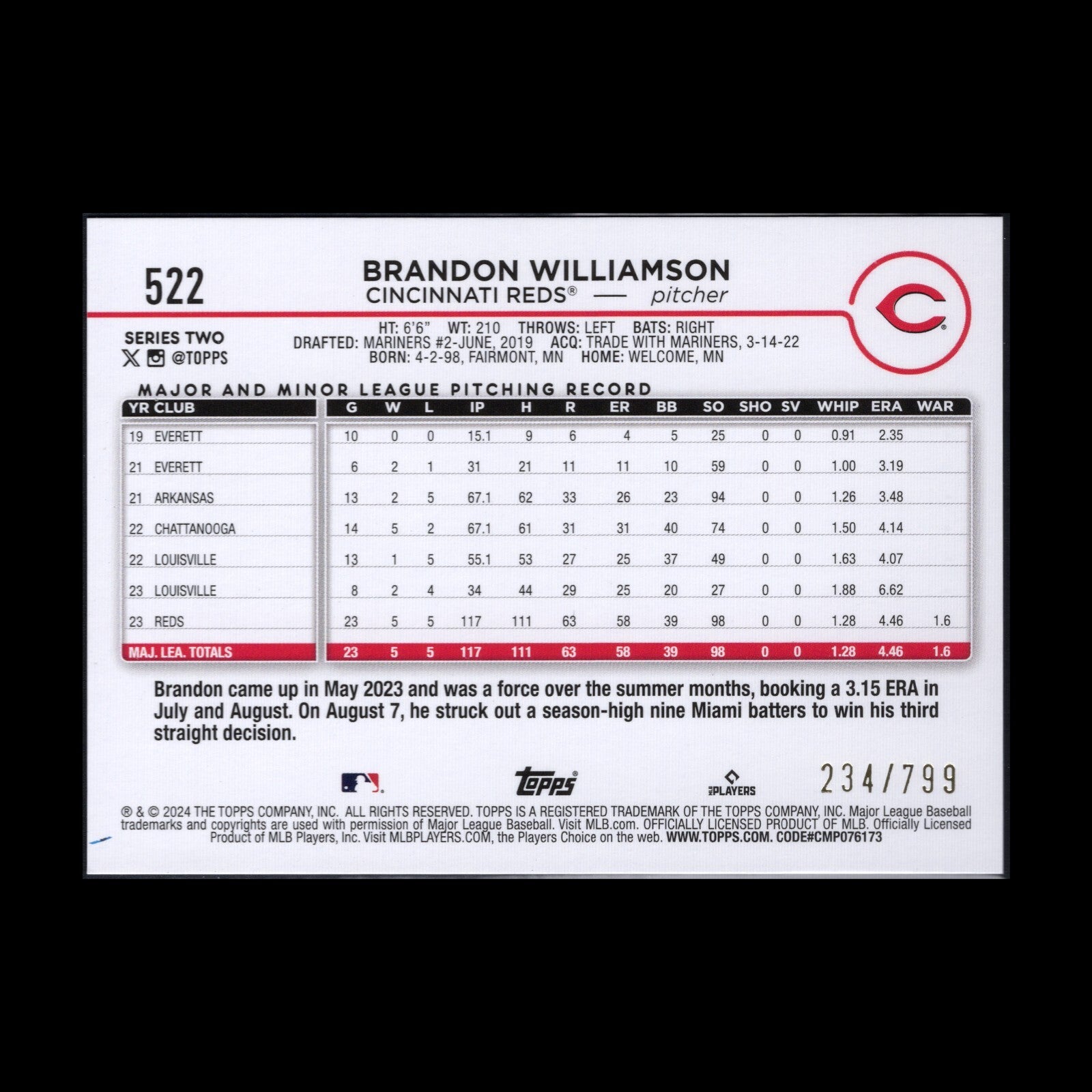 2024 Topps Series 2 BRANDON WILLIAMSON #522 Purple foil  /799 - Cincinnati Reds