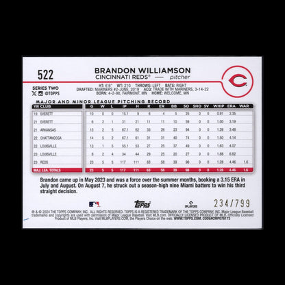 2024 Topps Series 2 BRANDON WILLIAMSON #522 Purple foil  /799 - Cincinnati Reds