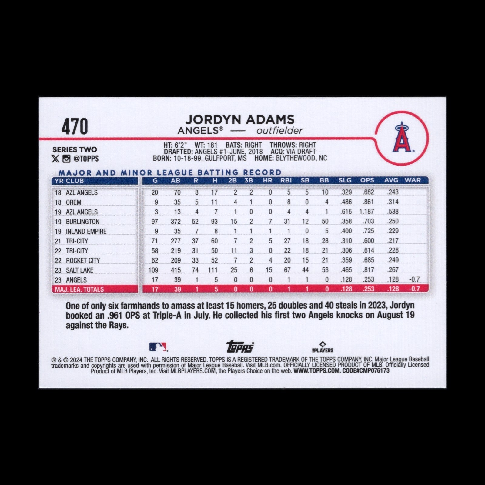 2024 Topps Series 2 JORDYN ADAMS #470 ROOKIE Yellow border parallel