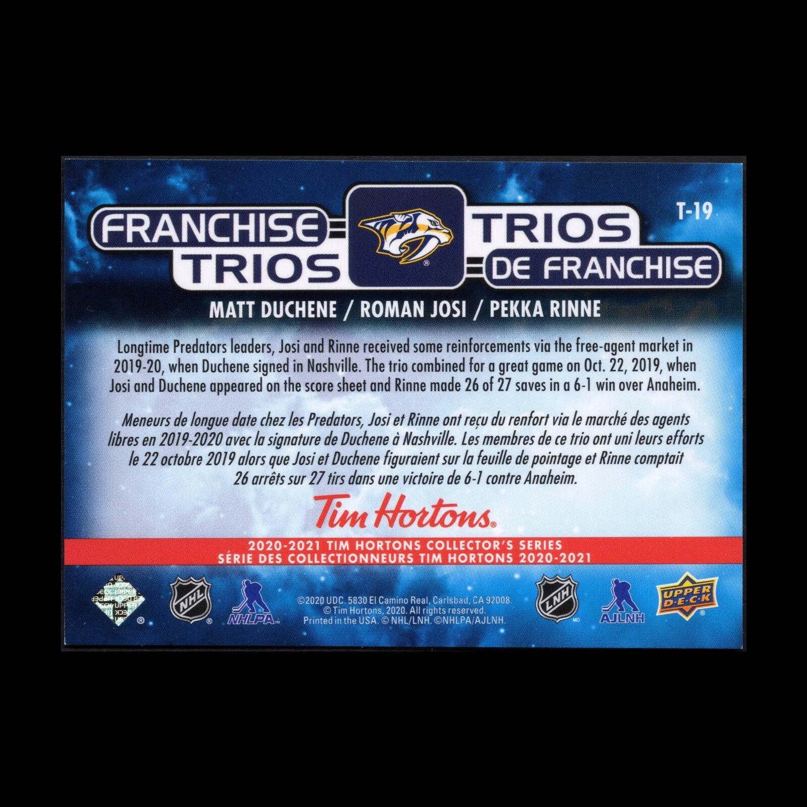2020-21 UD TimHortons MATT DUSCHENE/ROMAN JOSI/PEKKA RINNE #T-19 Franchise Trios